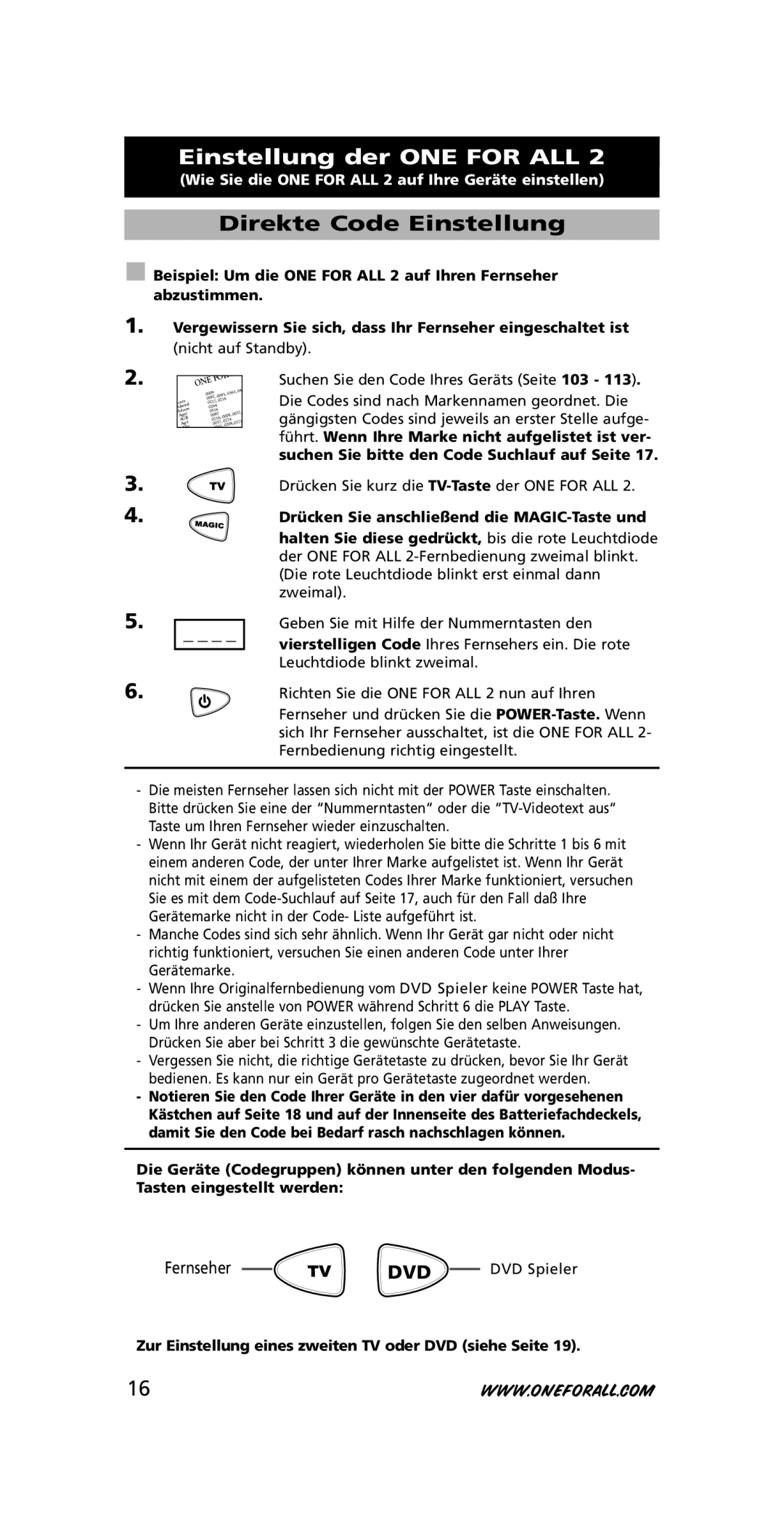 One for All URC-7721 Einstellung der ONE for ALL, Direkte Code Einstellung, Drücken Sie anschließend die MAGIC-Taste und 