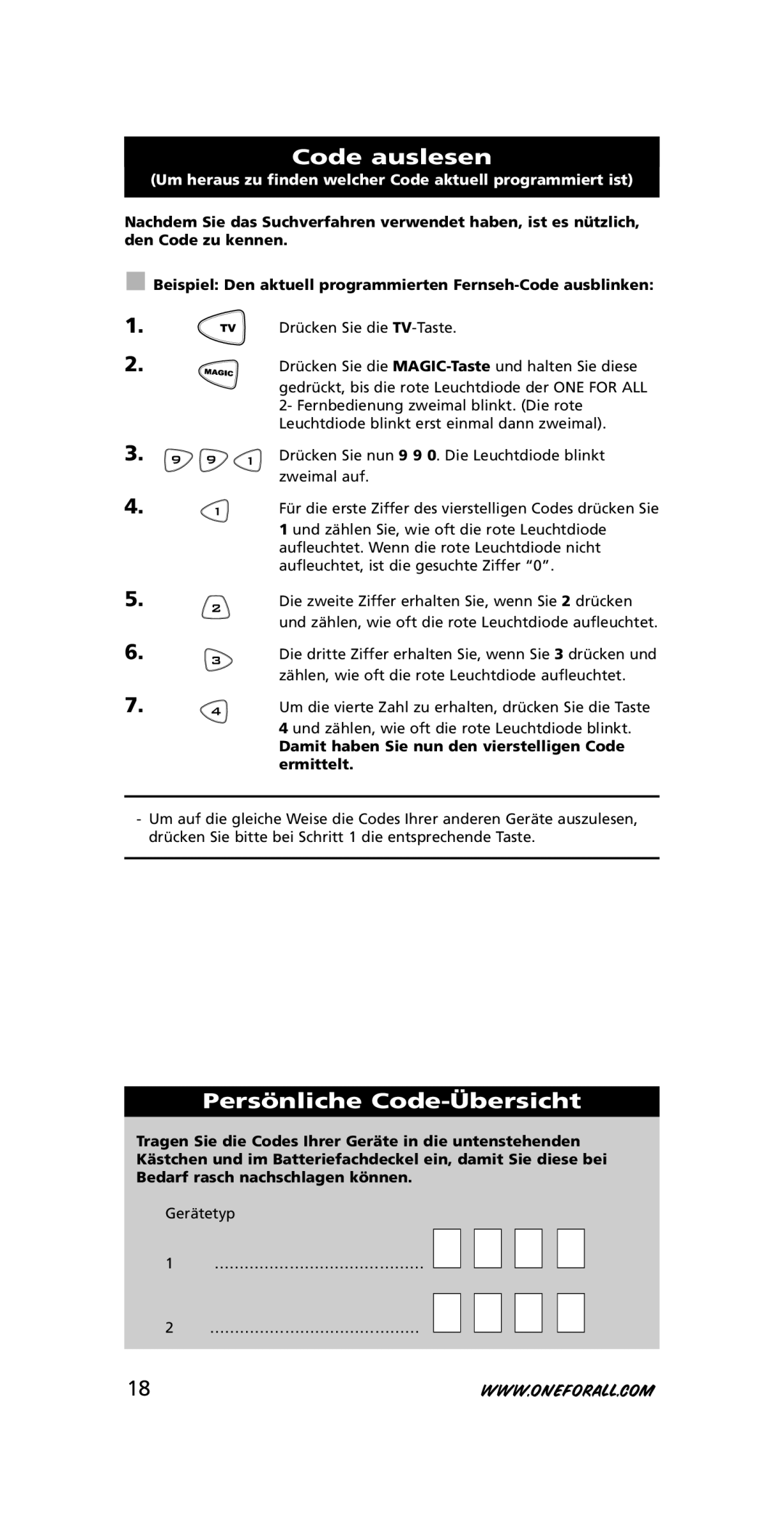 One for All URC-7721 Code auslesen, Persönliche Code-Übersicht, Um heraus zu finden welcher Code aktuell programmiert ist 