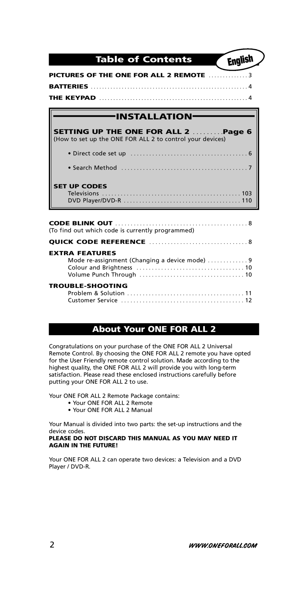 One for All URC-7721 Table of Contents, About Your ONE for ALL, SET UP Codes, Extra Features, Trouble-Shooting 