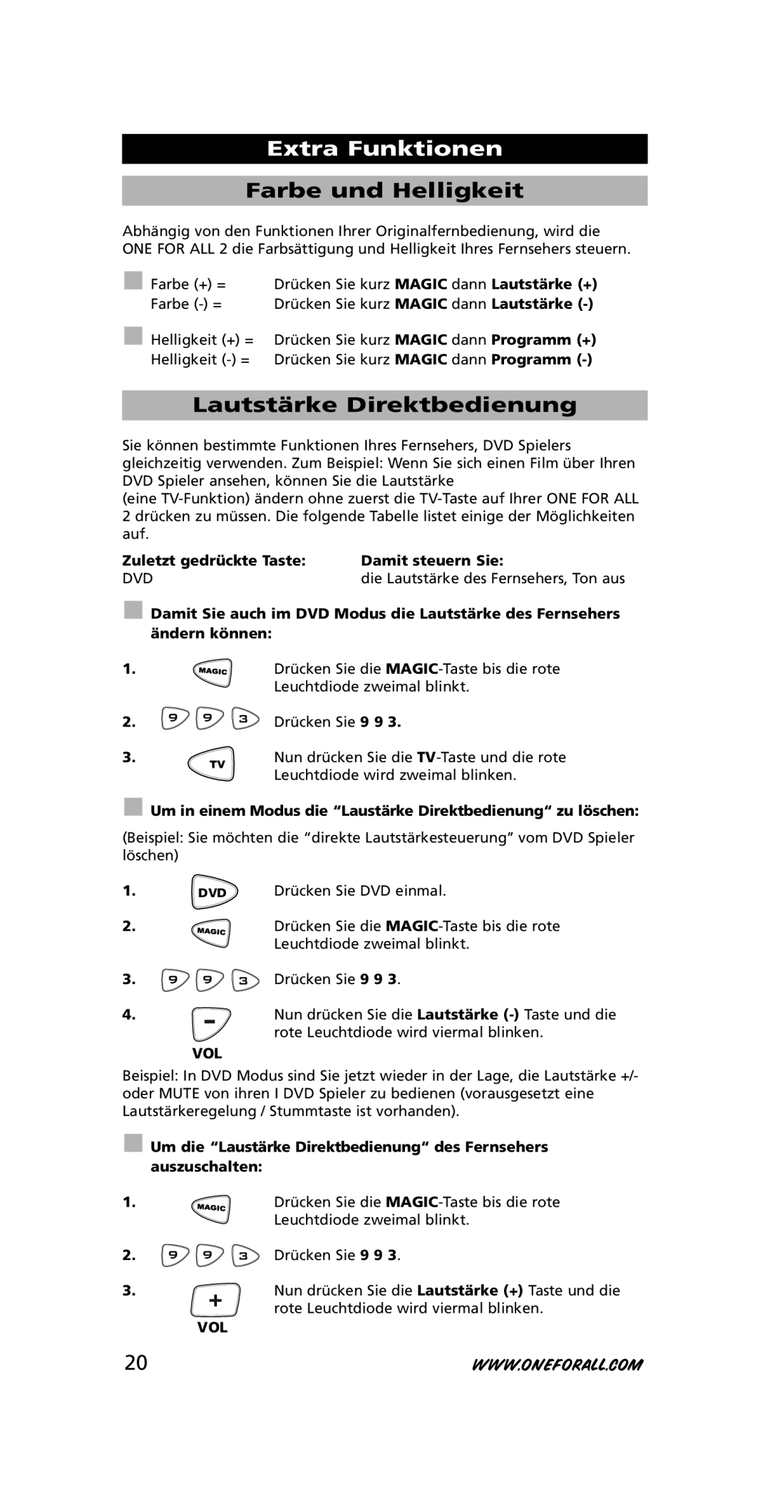 One for All URC-7721 instruction manual Farbe und Helligkeit, Lautstärke Direktbedienung 