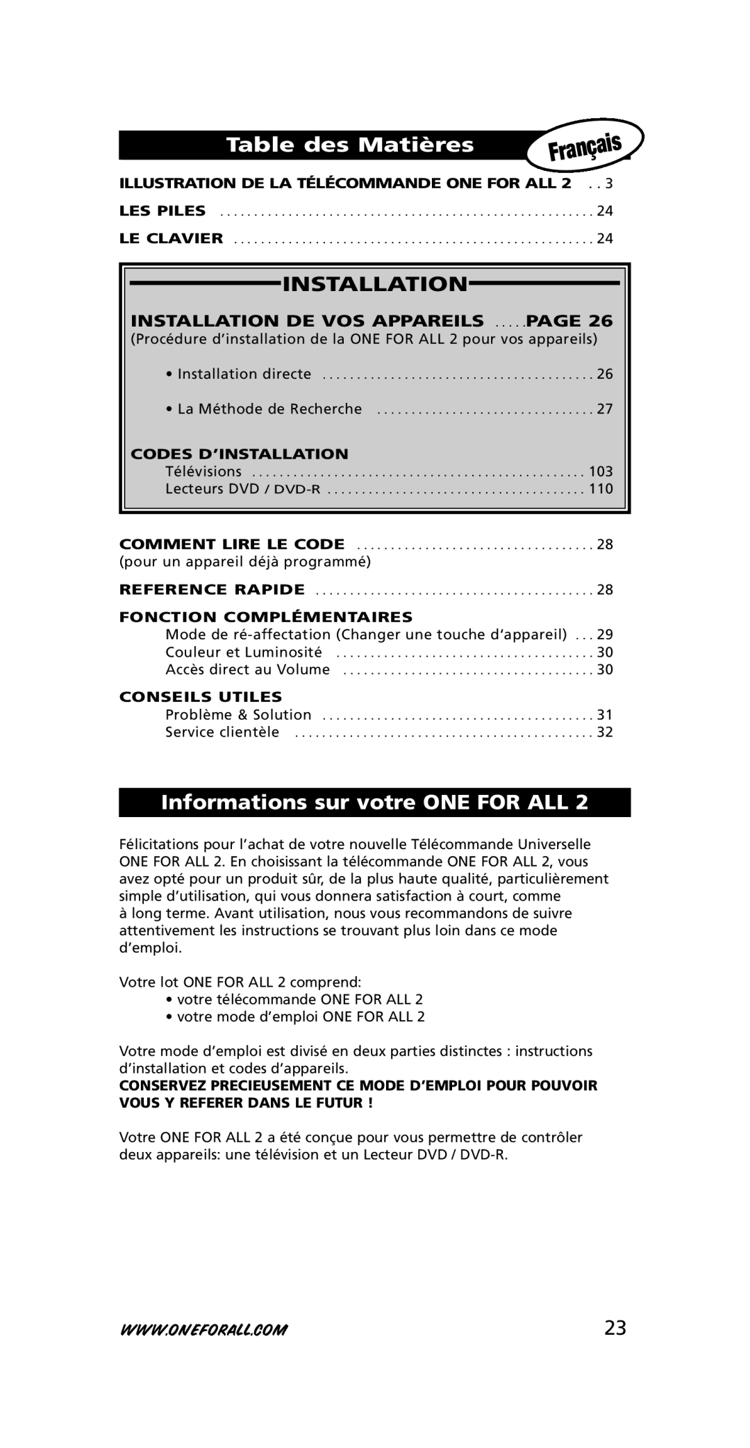 One for All URC-7721 instruction manual Table des Matières, Informations sur votre ONE for ALL 