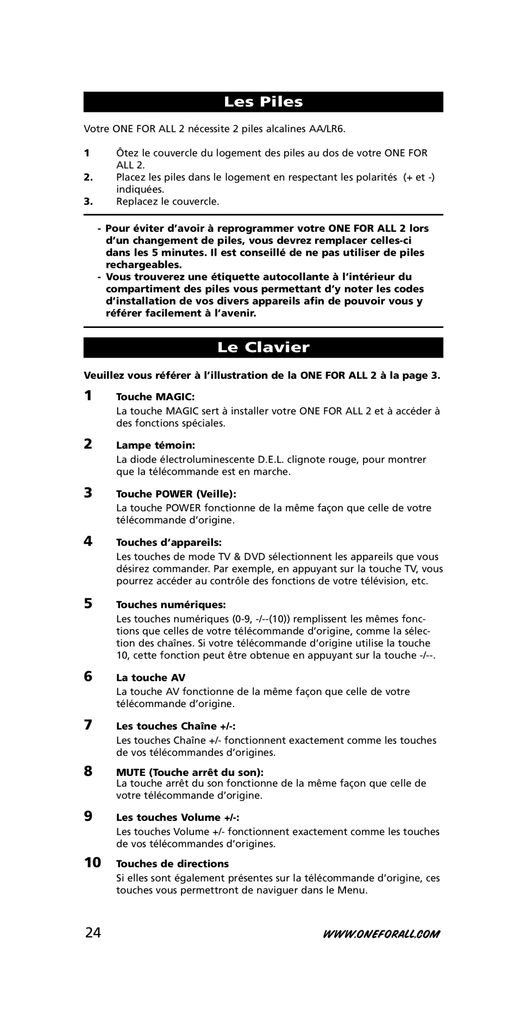 One for All URC-7721 instruction manual Les Piles, Le Clavier 