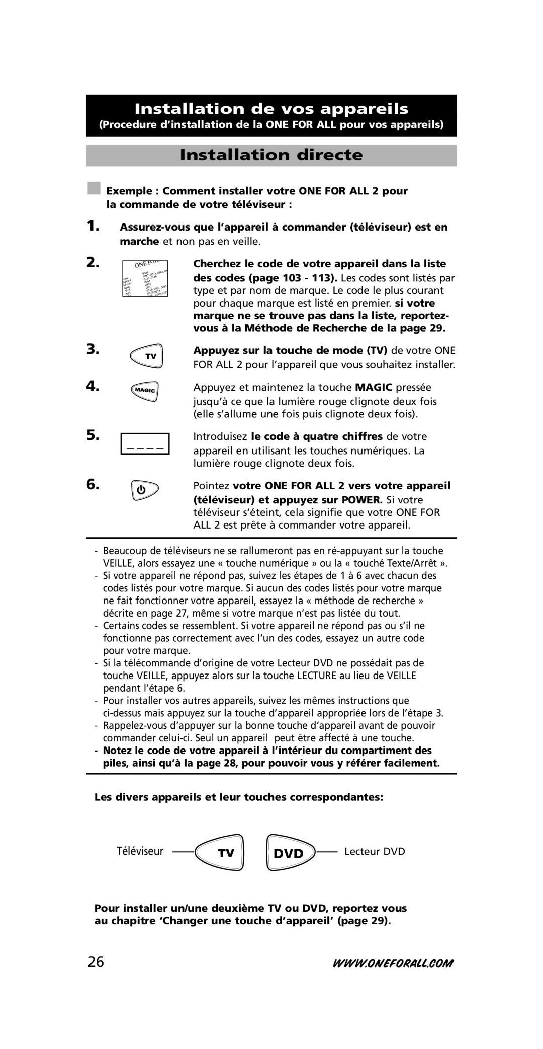 One for All URC-7721 Installation de vos appareils, Installation directe, Introduisez le code à quatre chiffres de votre 