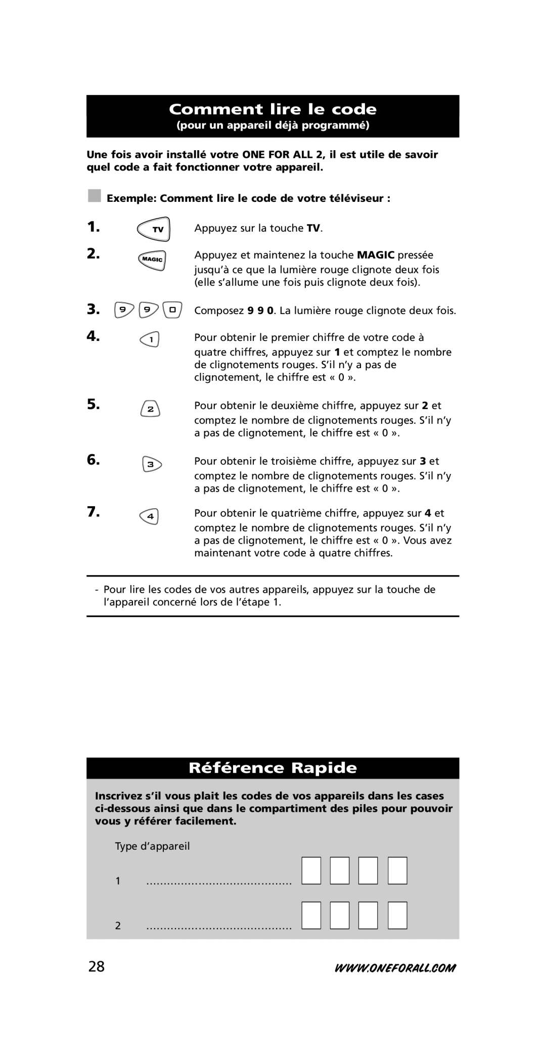 One for All URC-7721 instruction manual Comment lire le code, Référence Rapide, Pour un appareil déjà programmé 