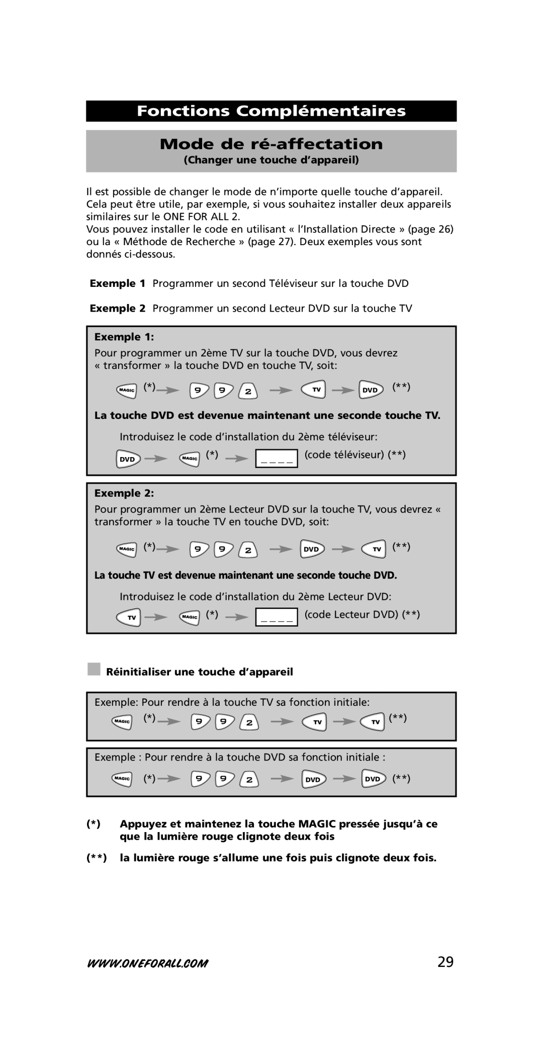 One for All URC-7721 instruction manual Fonctions Complémentaires, Mode de ré-affectation 