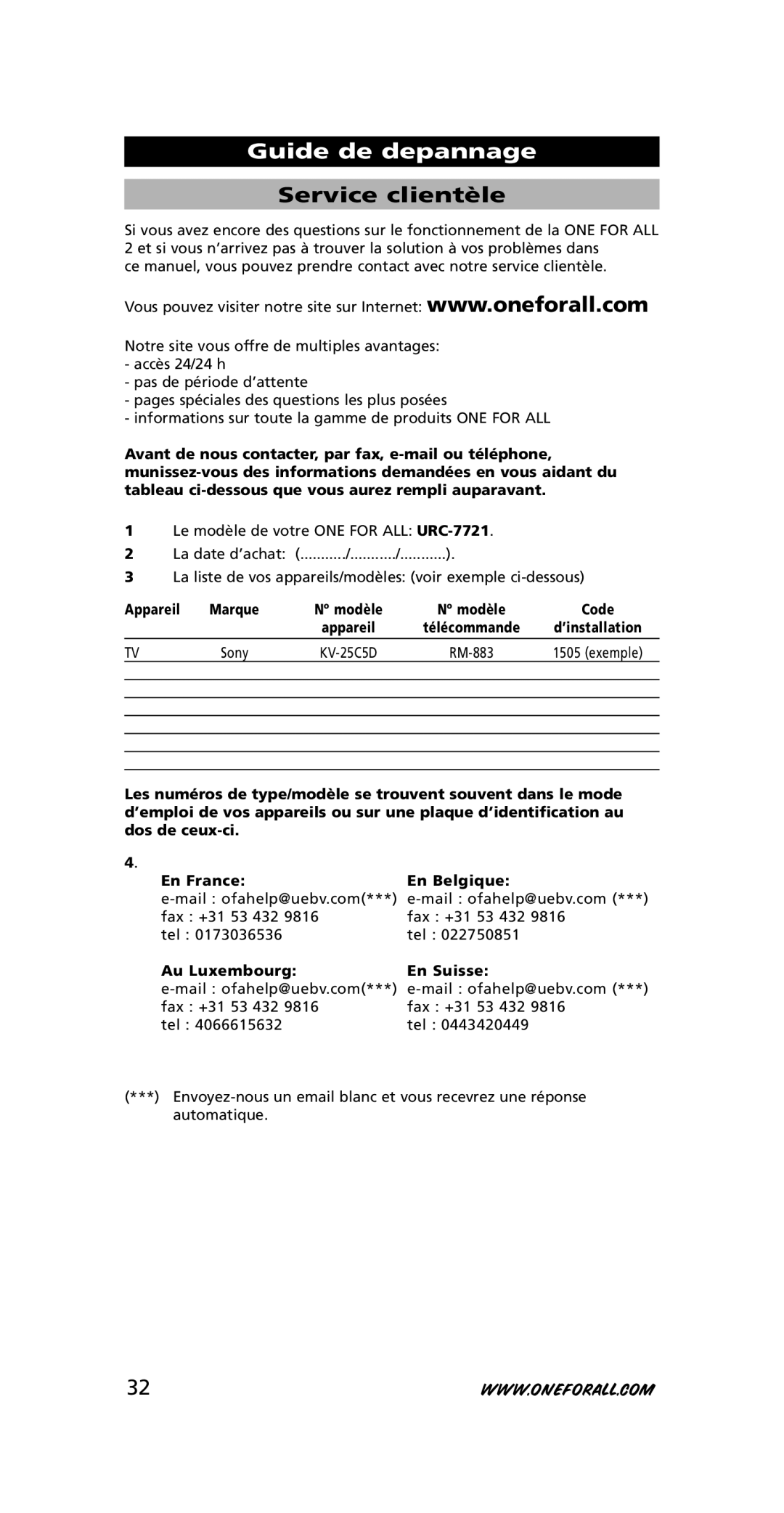 One for All URC-7721 instruction manual Service clientèle, Appareil, Au Luxembourg En Suisse 