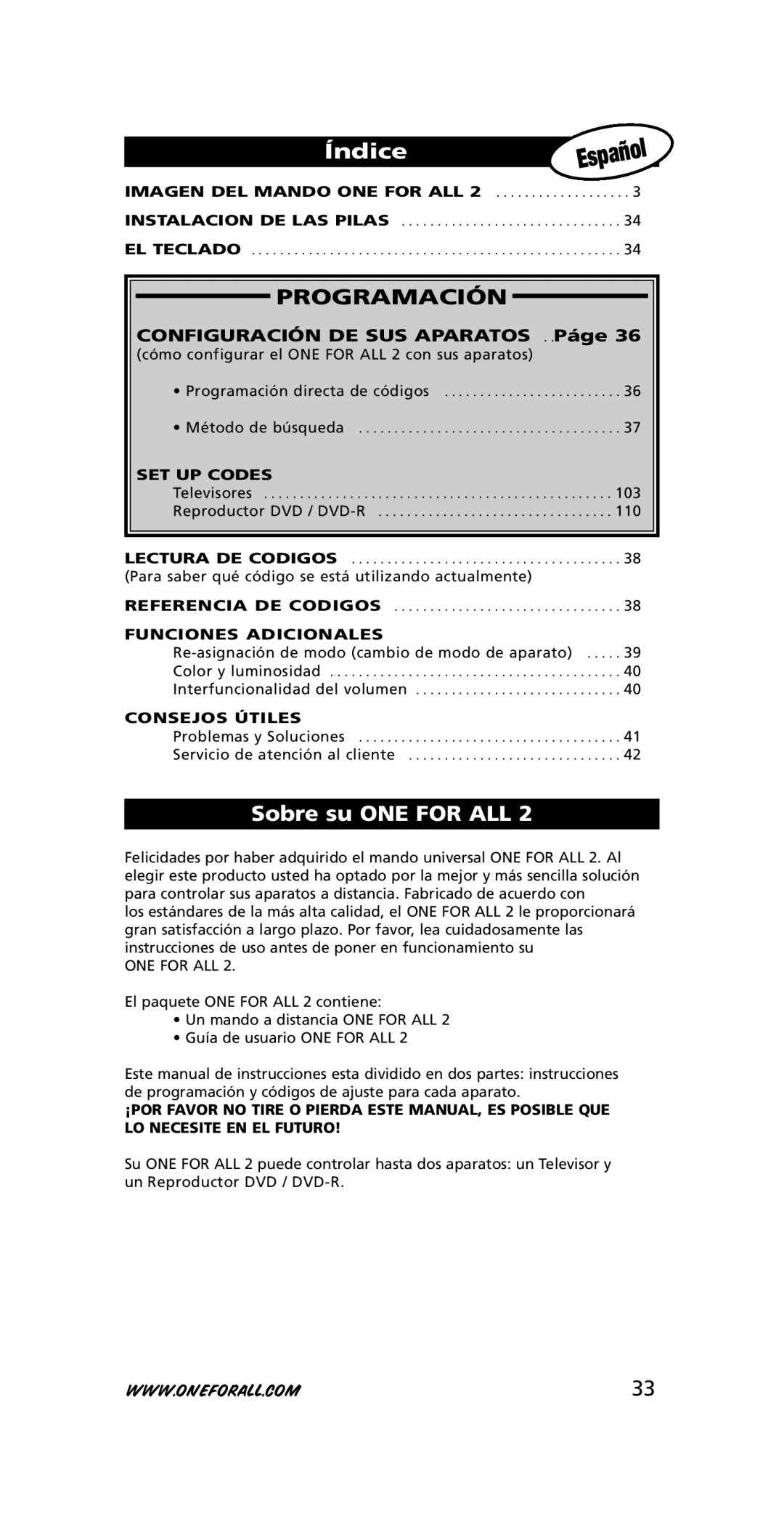 One for All URC-7721 instruction manual Índice??, Sobre su ONE for ALL, Funciones Adicionales, Consejos Útiles 