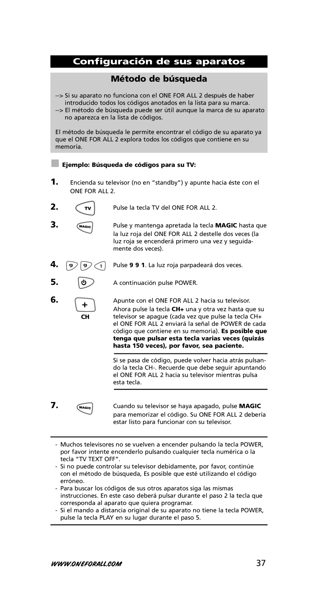 One for All URC-7721 instruction manual Método de búsqueda, Ejemplo Búsqueda de códigos para su TV 