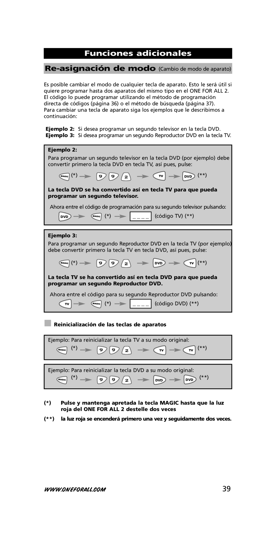One for All URC-7721 instruction manual Funciones adicionales, Ejemplo, Reinicialización de las teclas de aparatos 