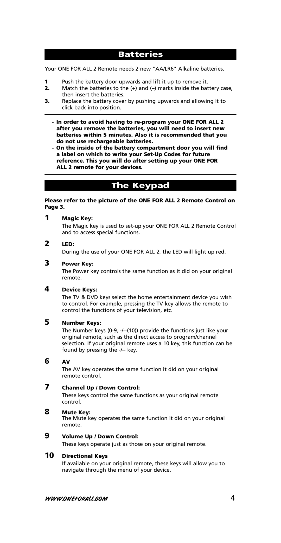 One for All URC-7721 instruction manual Batteries, Keypad, Led 