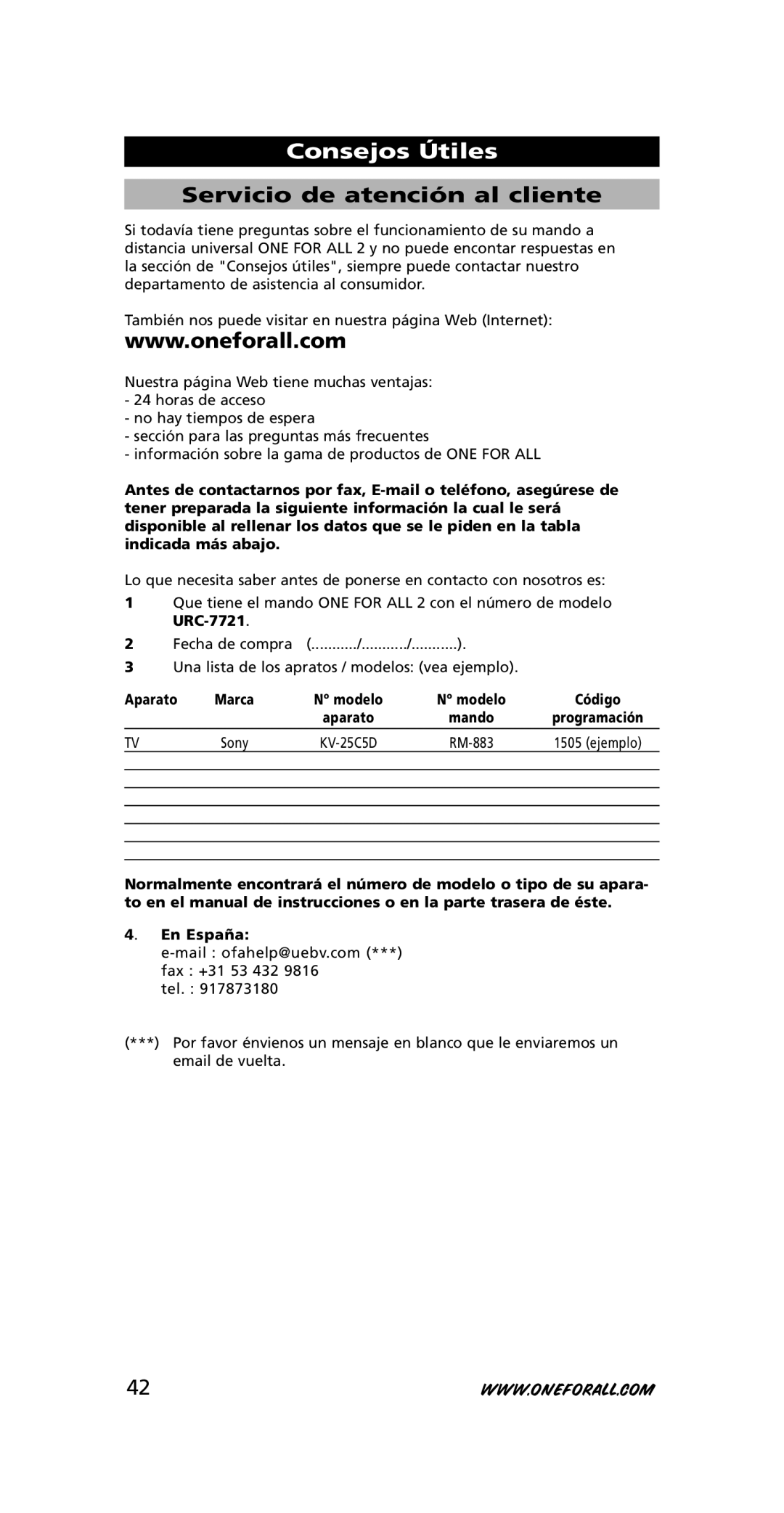 One for All URC-7721 instruction manual Servicio de atención al cliente, Aparato 