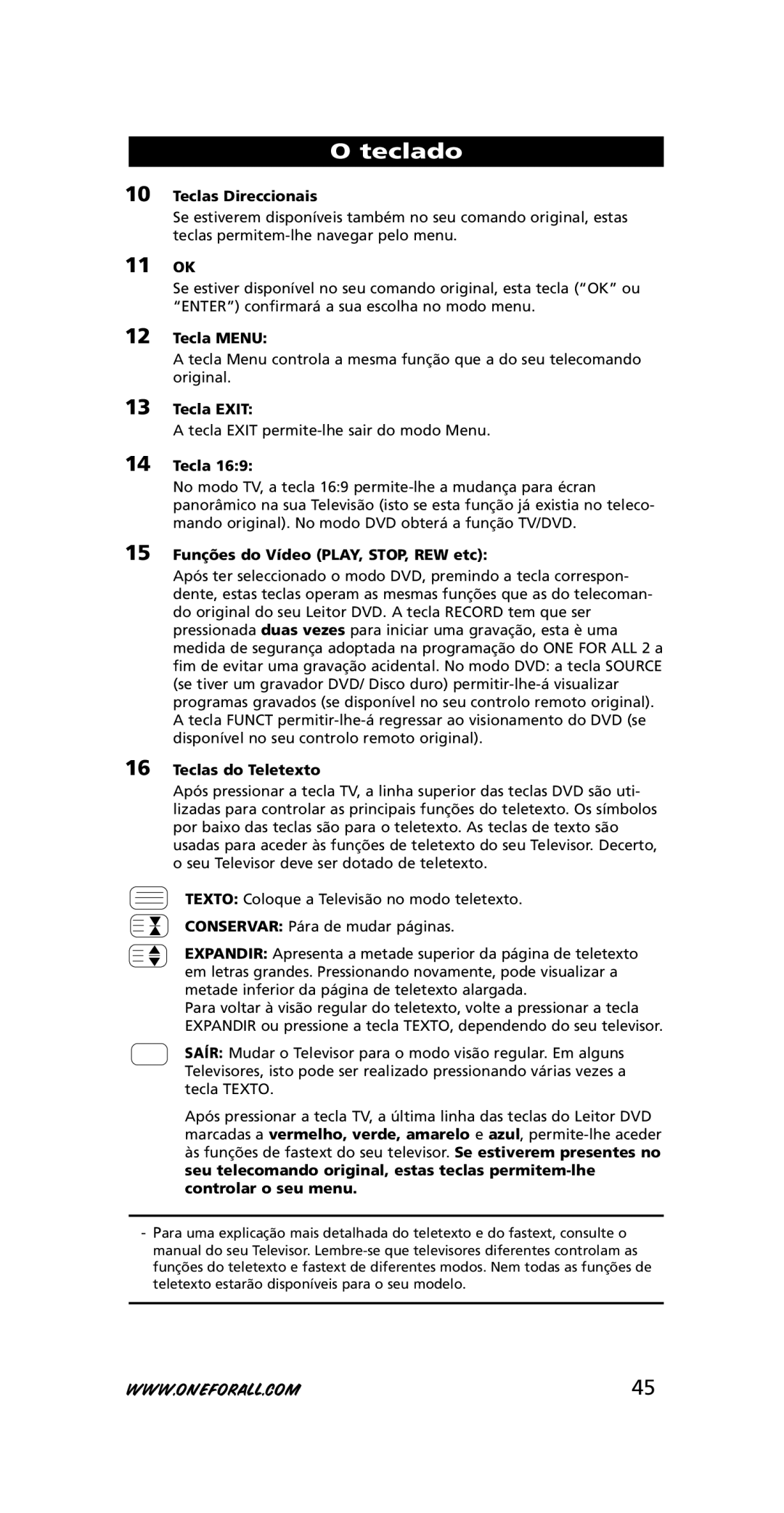 One for All URC-7721 Teclas Direccionais, 11 OK, Tecla Menu, Tecla Exit, Funções do Vídeo PLAY, STOP, REW etc 