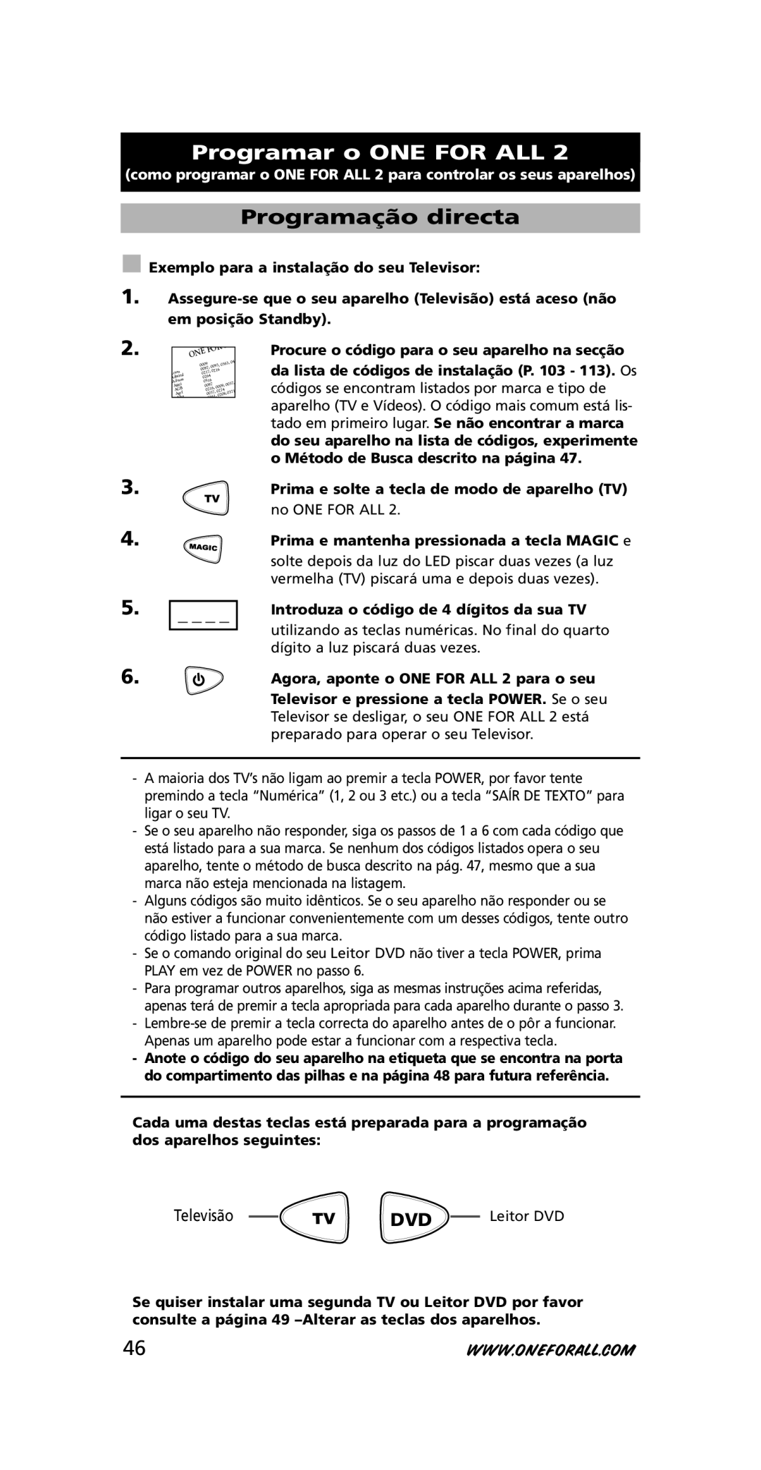 One for All URC-7721 Programar o ONE for ALL, Programação directa, Prima e mantenha pressionada a tecla Magic e 