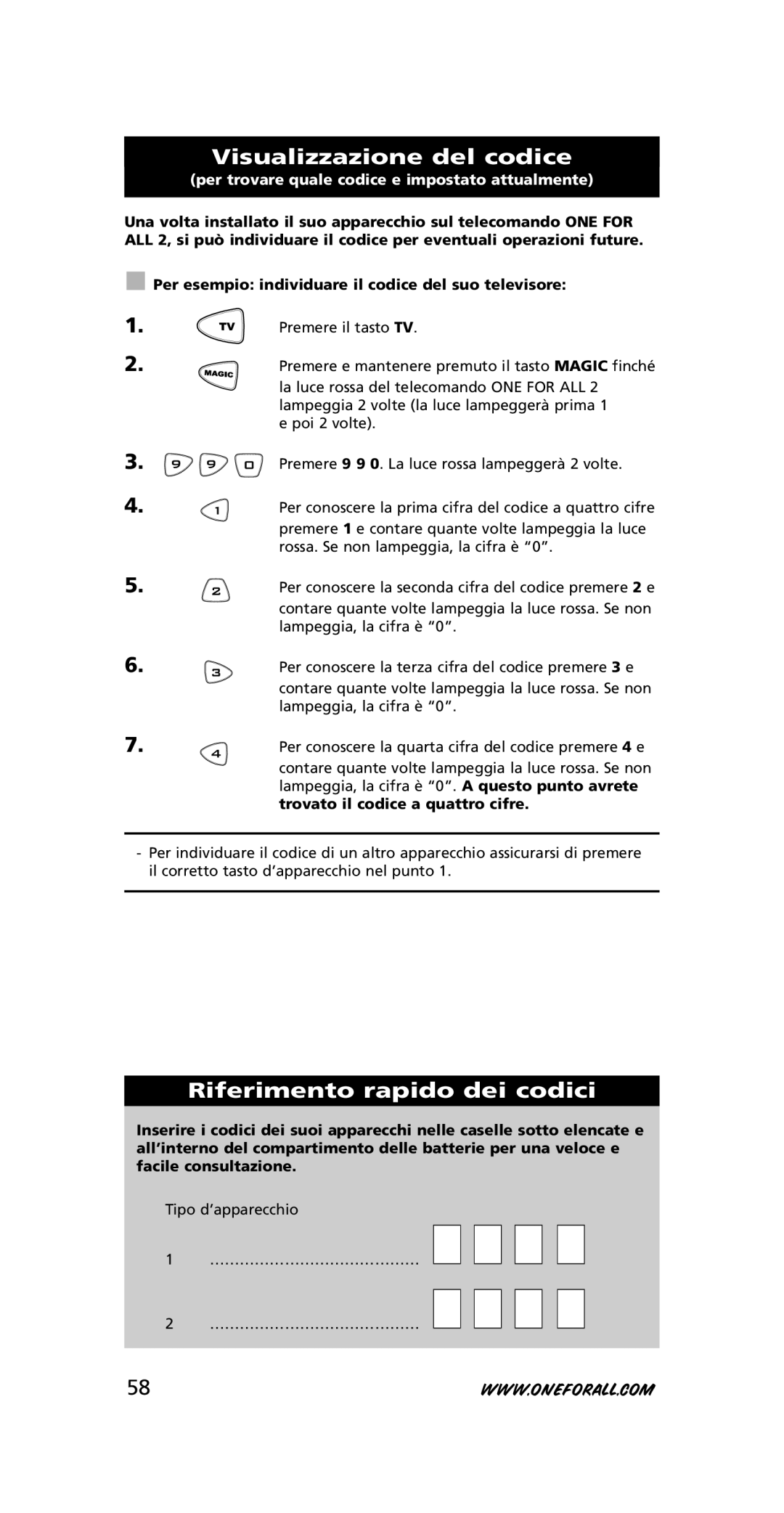 One for All URC-7721 instruction manual Visualizzazione del codice, Riferimento rapido dei codici 