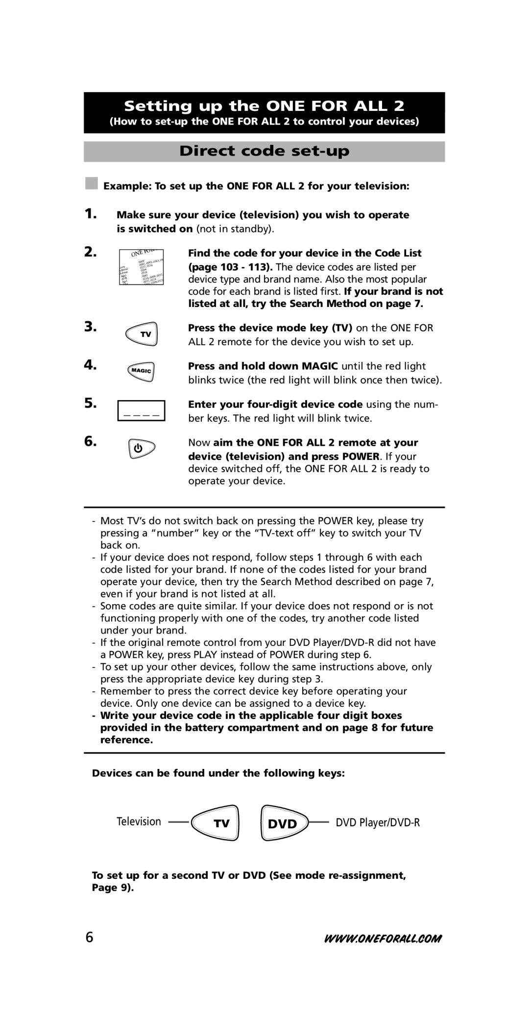 One for All URC-7721 instruction manual Setting up the ONE for ALL, Direct code set-up 