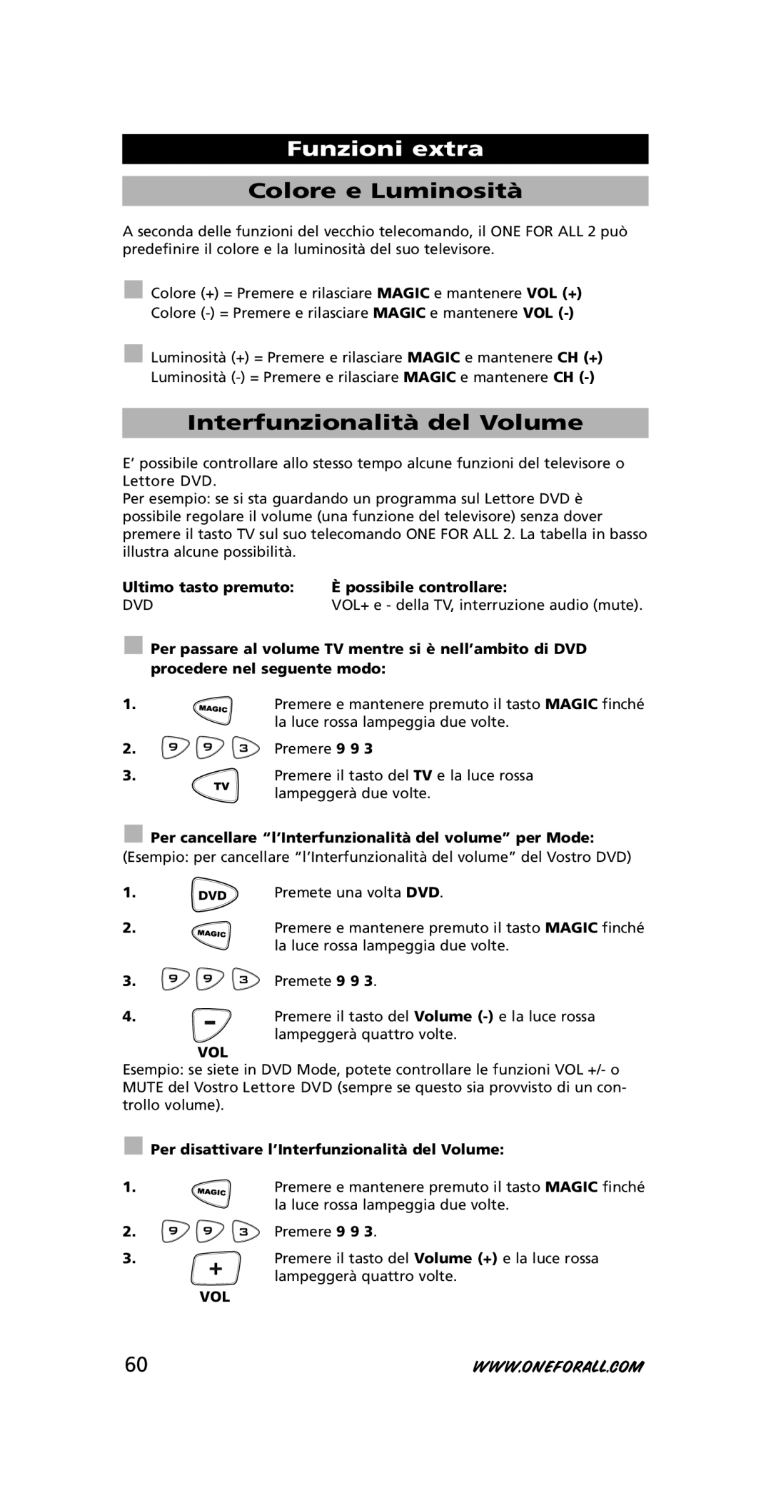 One for All URC-7721 instruction manual Colore e Luminosità, Interfunzionalità del Volume 