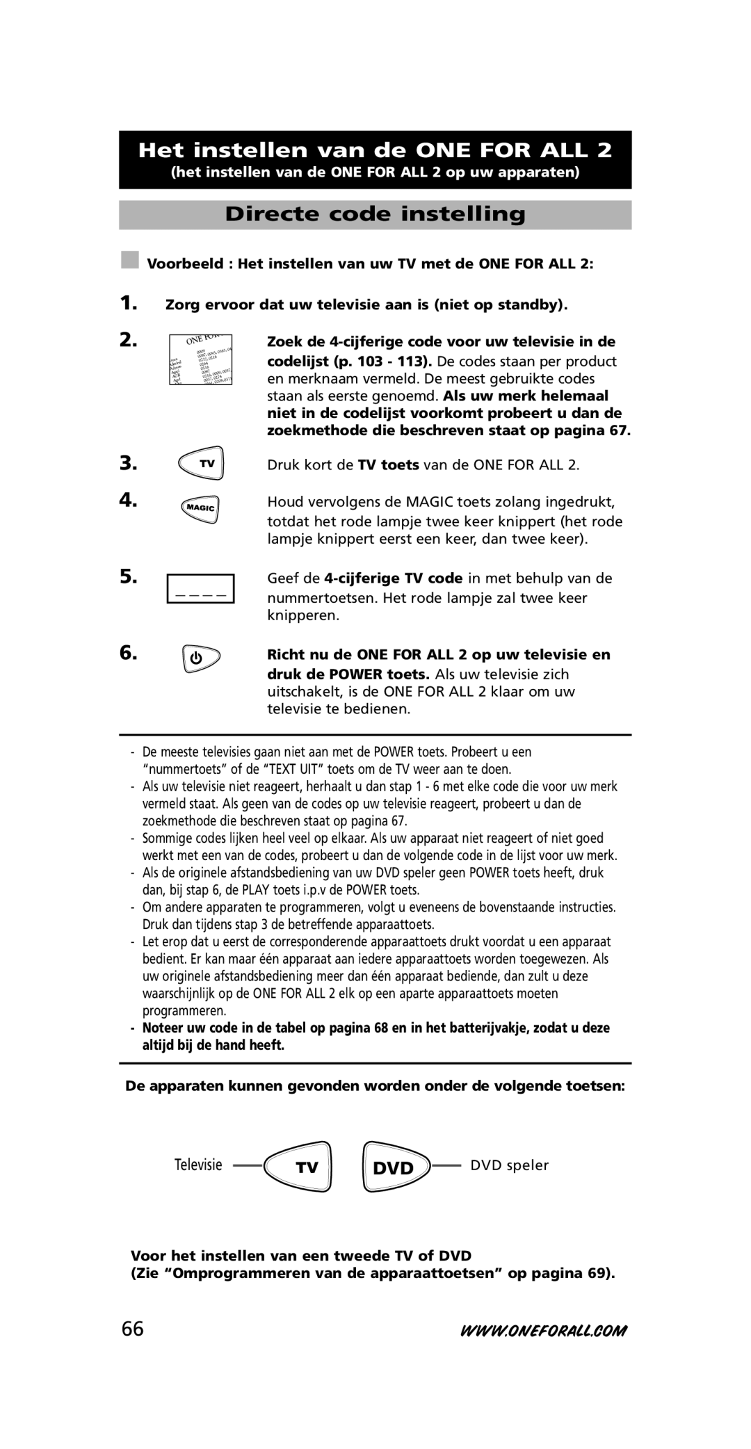 One for All URC-7721 instruction manual Het instellen van de ONE for ALL, Directe code instelling 