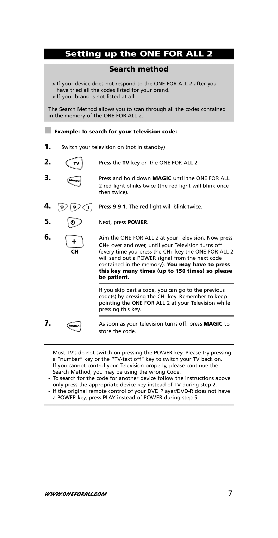 One for All URC-7721 instruction manual Search method, Example To search for your television code 