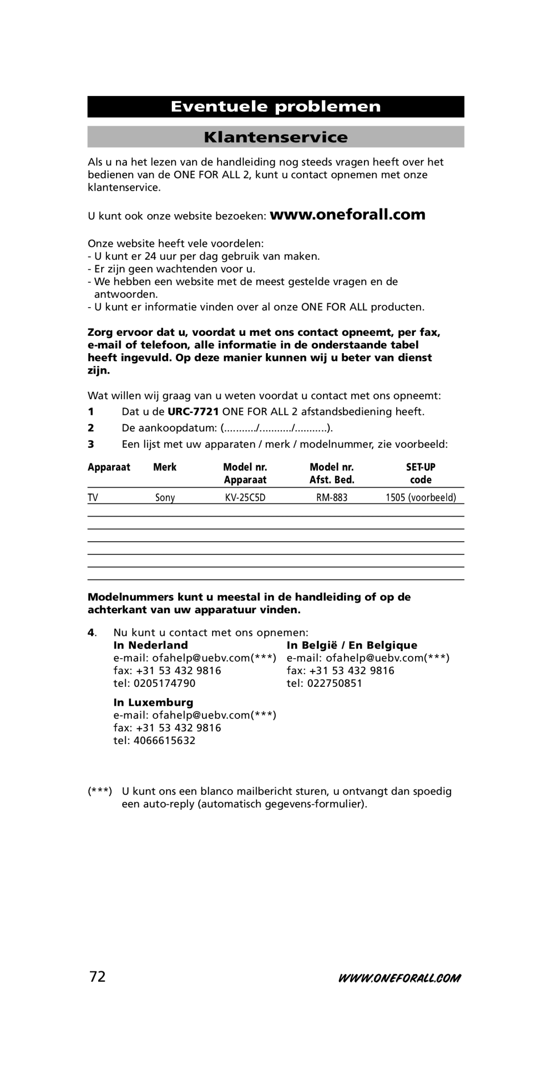 One for All URC-7721 instruction manual Klantenservice, Apparaat Merk, Nederland België / En Belgique 