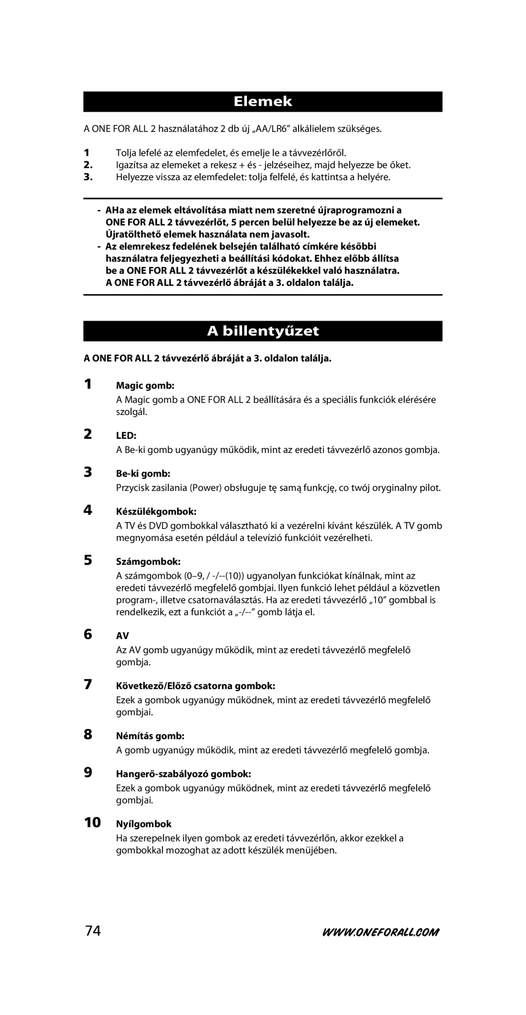 One for All URC-7721 instruction manual Elemek, Billentyűzet 