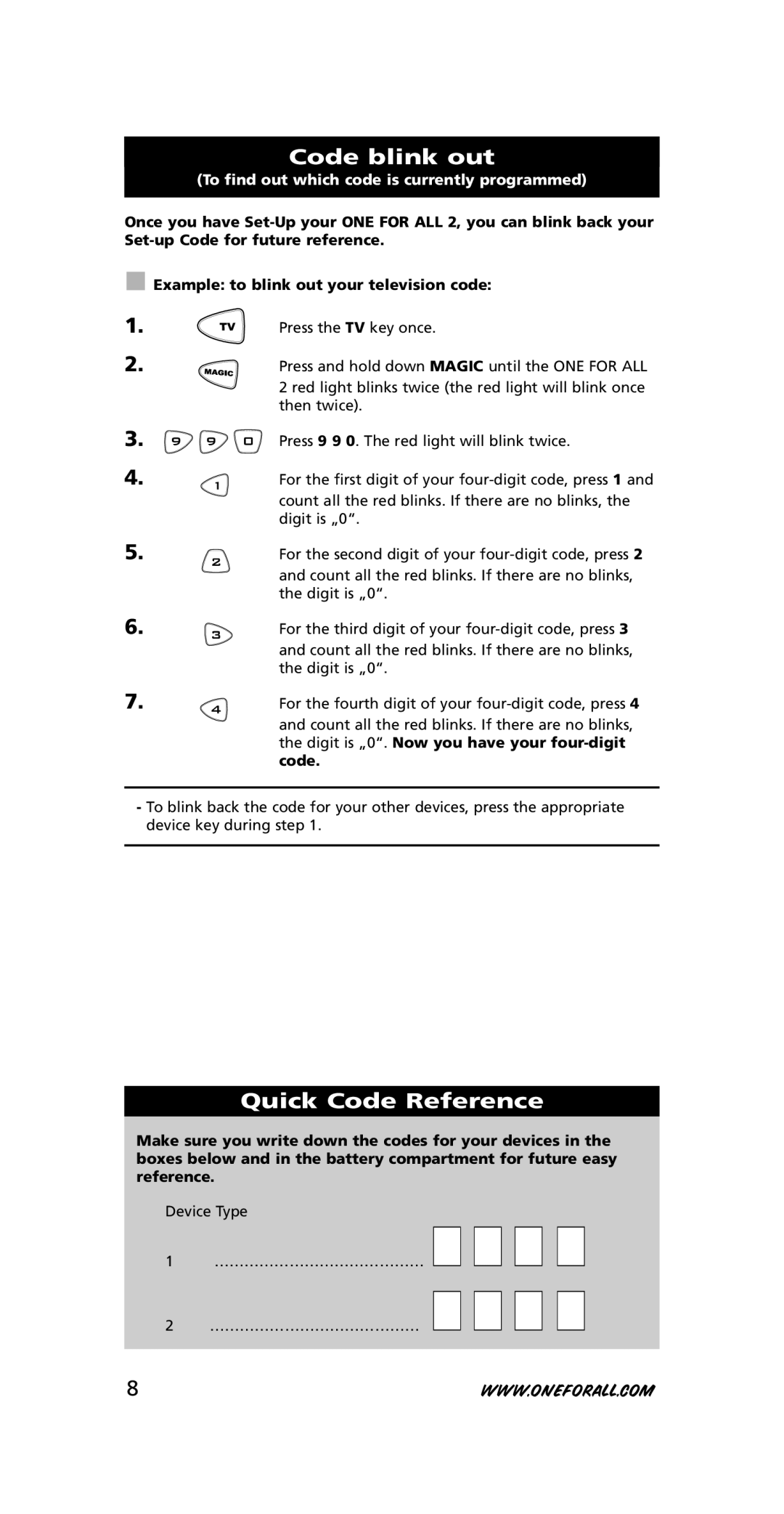 One for All URC-7721 Code blink out, Quick Code Reference, To find out which code is currently programmed 