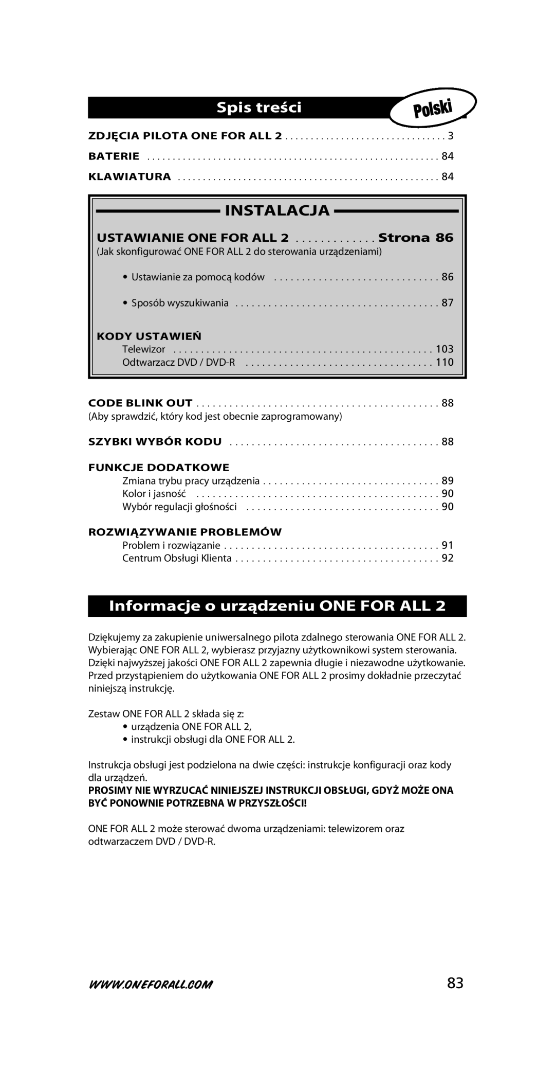 One for All URC-7721 instruction manual Spis treści, Informacje o urządzeniu ONE for ALL, Kody Ustawień, Funkcje Dodatkowe 