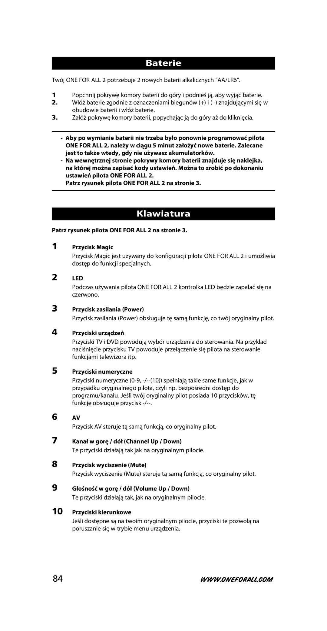 One for All URC-7721 instruction manual Baterie, Klawiatura 