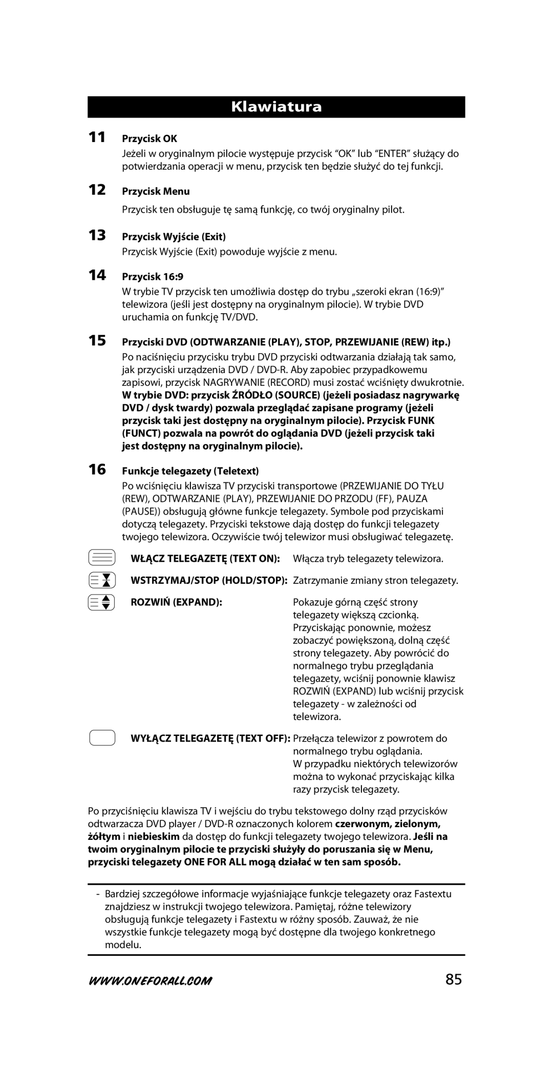 One for All URC-7721 instruction manual Przycisk OK, Przycisk Menu, Przycisk Wyjście Exit, Funkcje telegazety Teletext 
