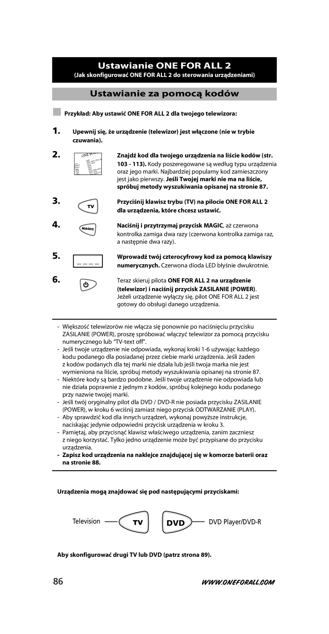 One for All URC-7721 instruction manual Ustawianie ONE for ALL, Ustawianie za pomocą kodów 