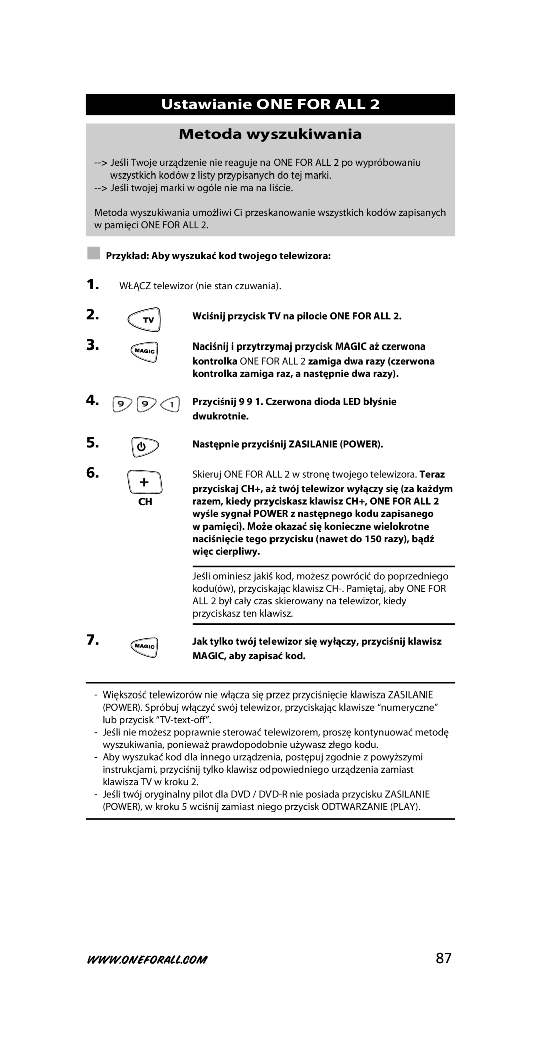 One for All URC-7721 instruction manual Metoda wyszukiwania 