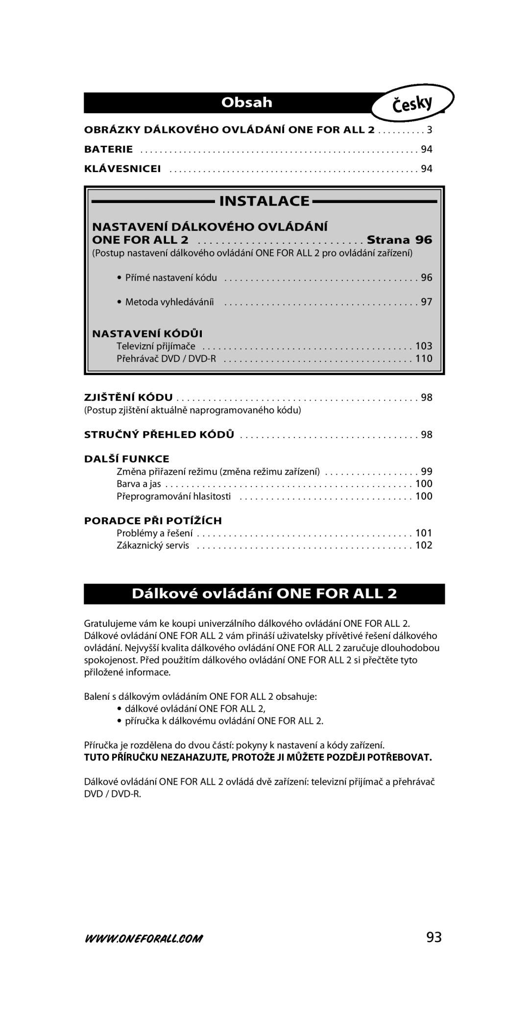 One for All URC-7721 instruction manual Obsah, Dálkové ovládání ONE for ALL 