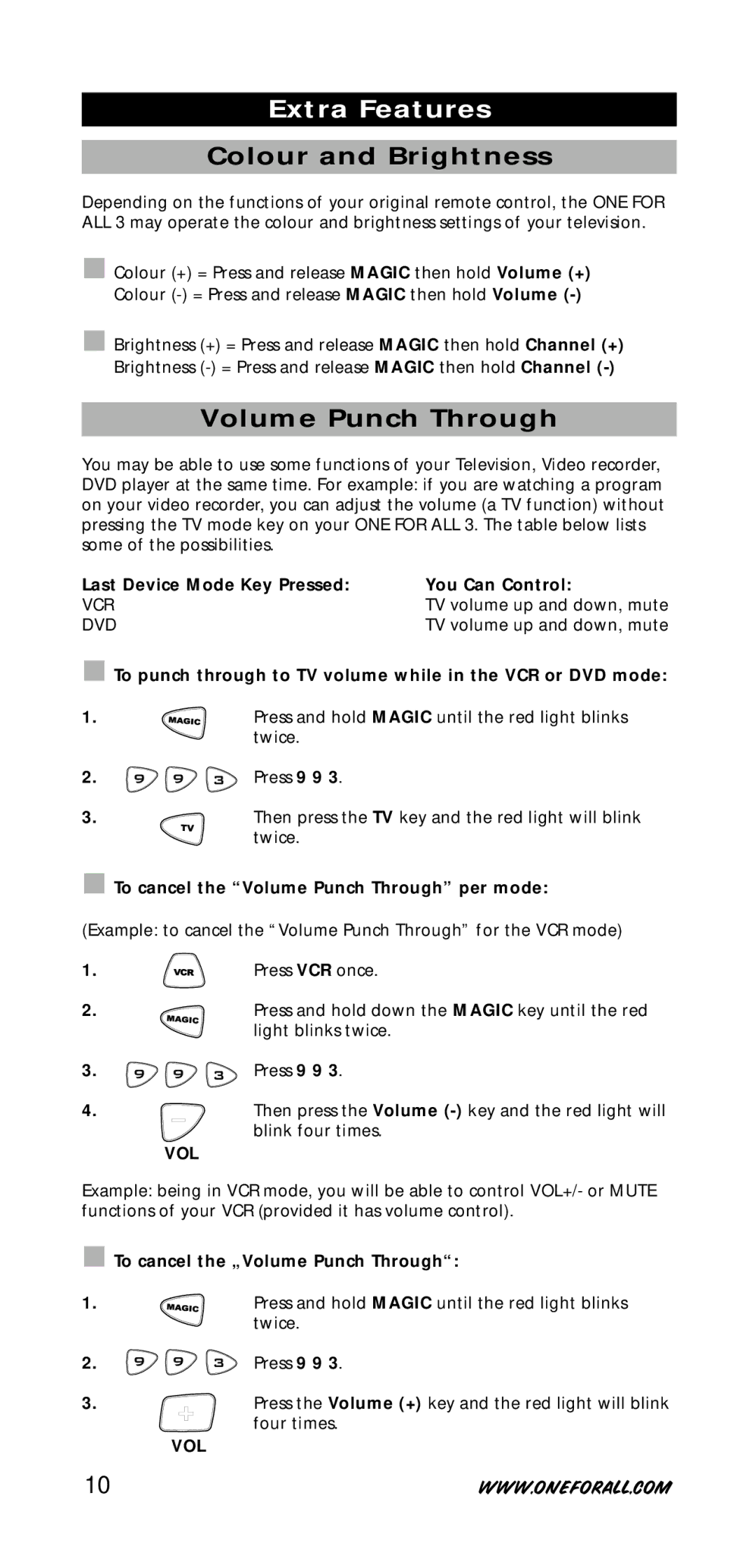 One for All URC-7730 manual Colour and Brightness, Volume Punch Through 