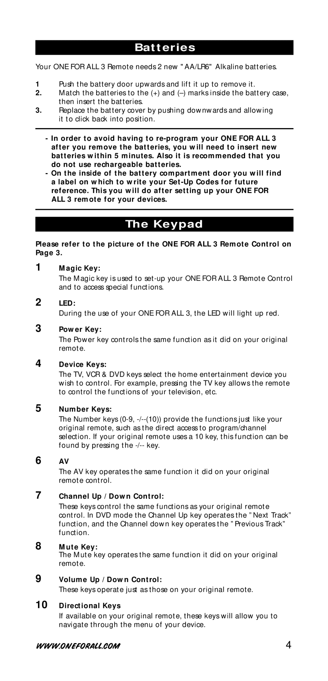 One for All URC-7730 manual Batteries, Keypad 