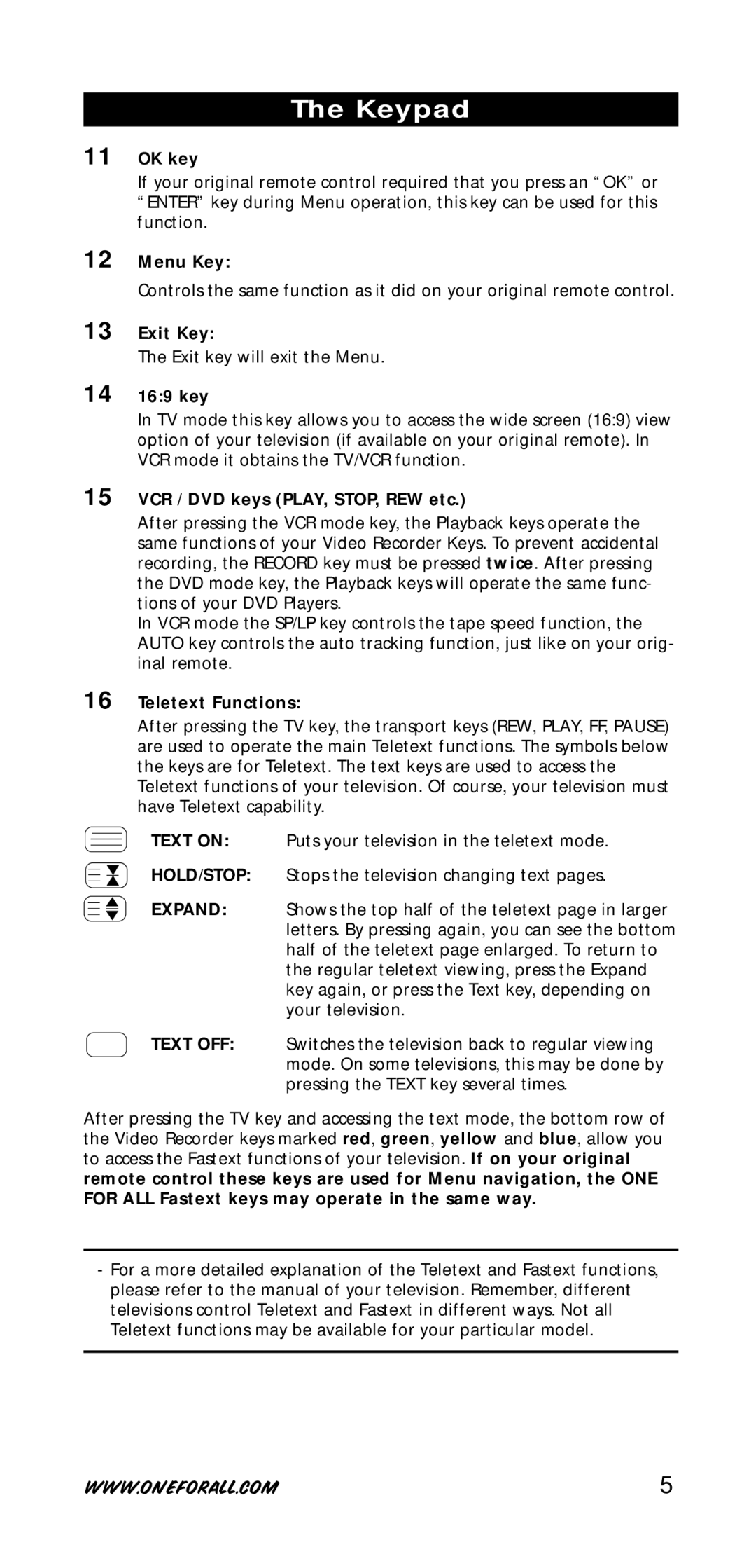 One for All URC-7730 manual OK key, Menu Key, Exit Key, 169 key, VCR / DVD keys PLAY, STOP, REW etc, Teletext Functions 