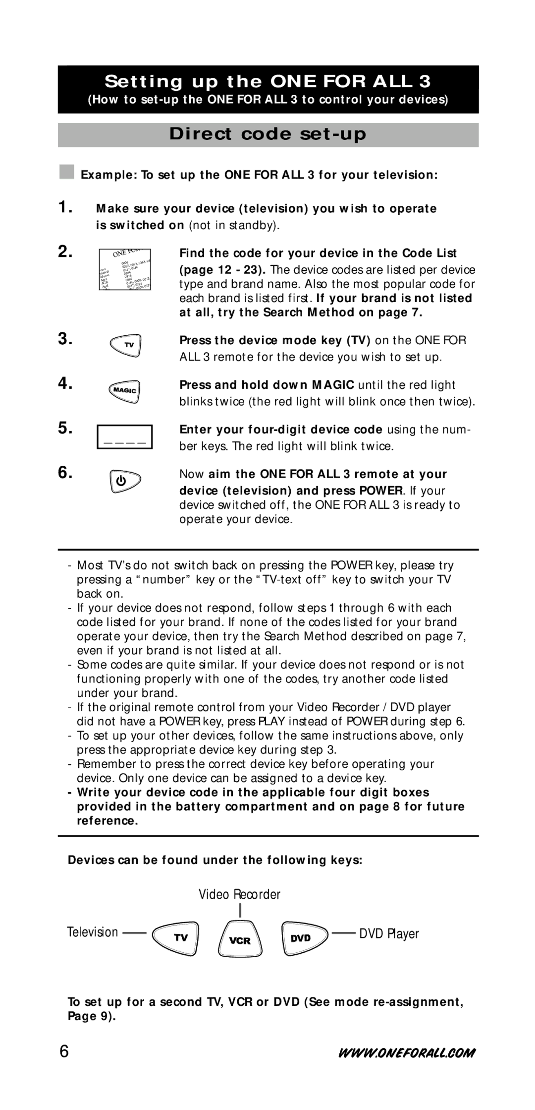 One for All URC-7730 manual Setting up the ONE for ALL, Direct code set-up 