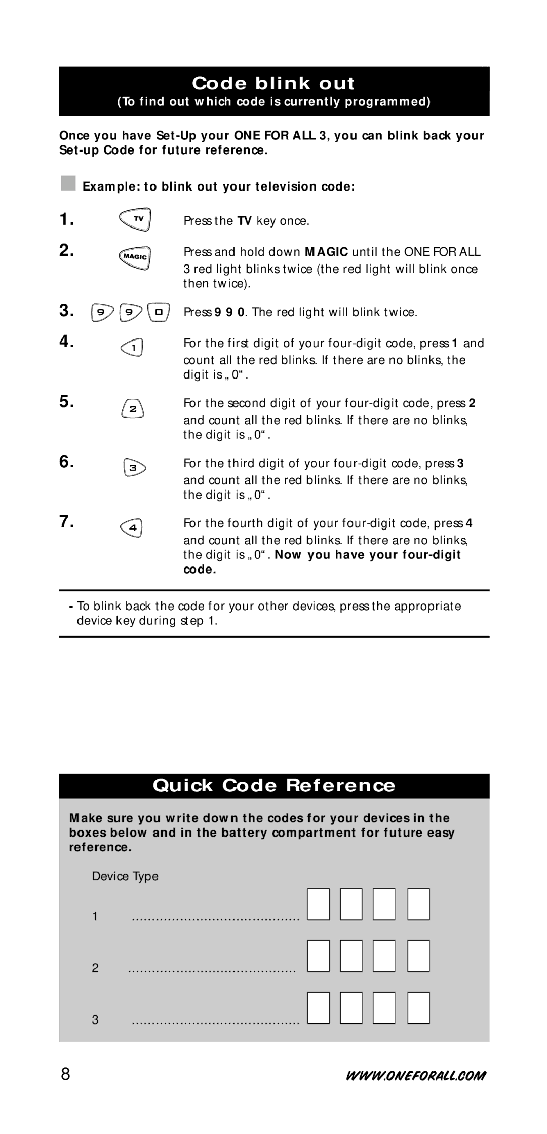 One for All URC-7730 manual Code blink out, Quick Code Reference 