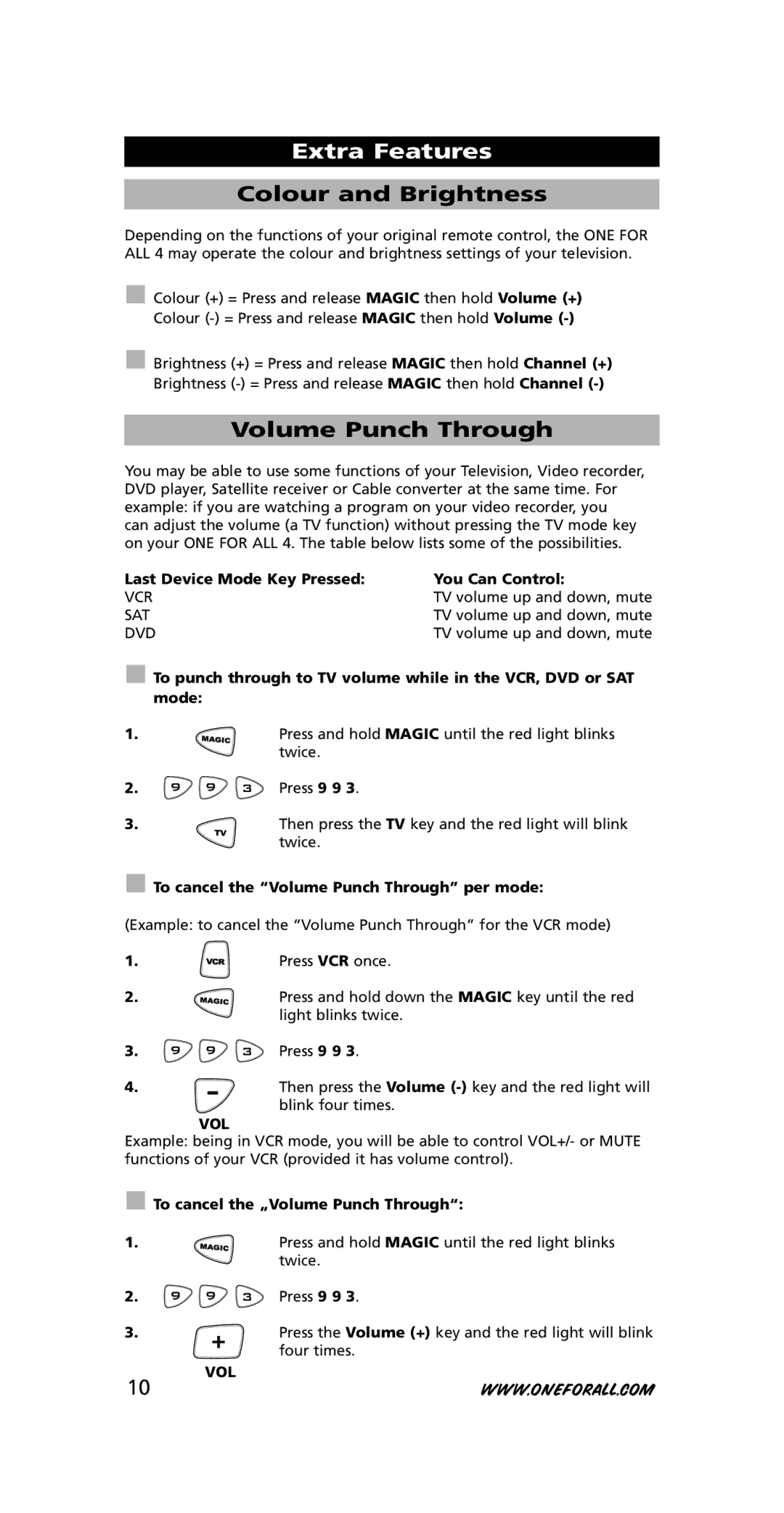 One for All URC-7740 instruction manual Colour and Brightness, Volume Punch Through 