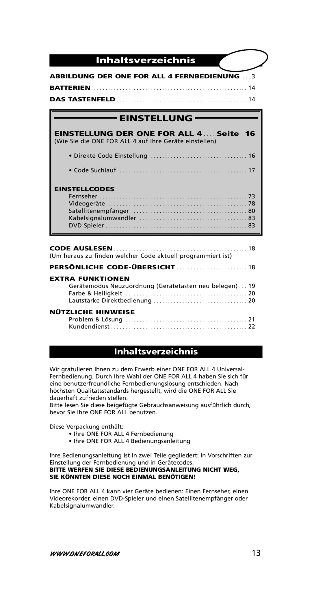 One for All URC-7740 Inhaltsverzeichnis, Abbildung DER ONE for ALL 4 Fernbedienung, Einstellcodes, Extra Funkt Ione N 