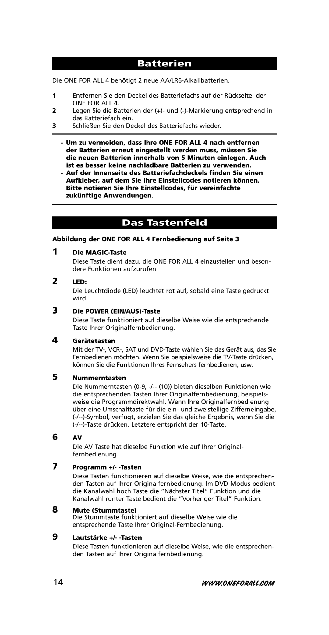 One for All URC-7740 instruction manual Batterien, Das Tastenfeld 