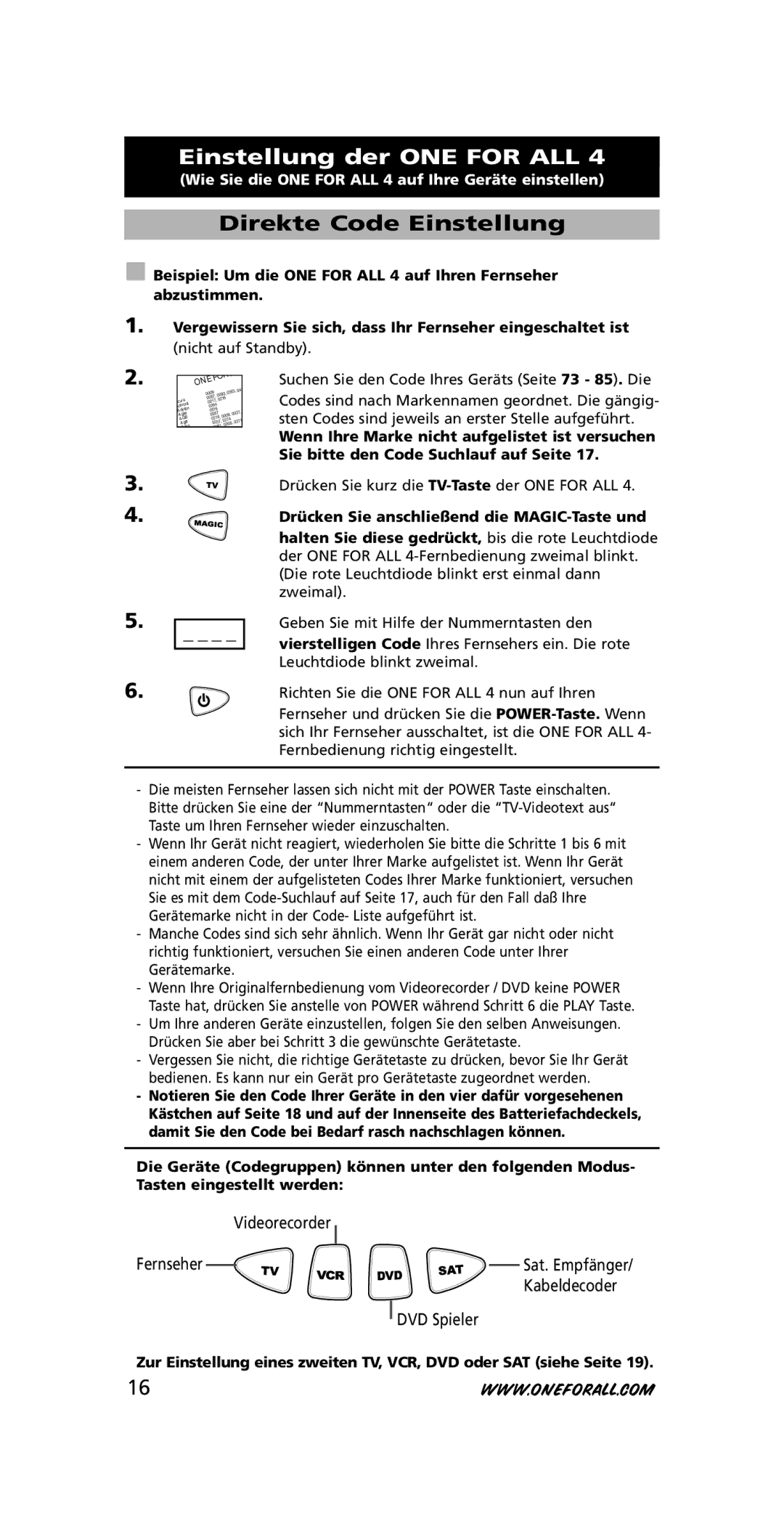 One for All URC-7740 instruction manual Einstellung der ONE for ALL, Direkte Code Einstellung 