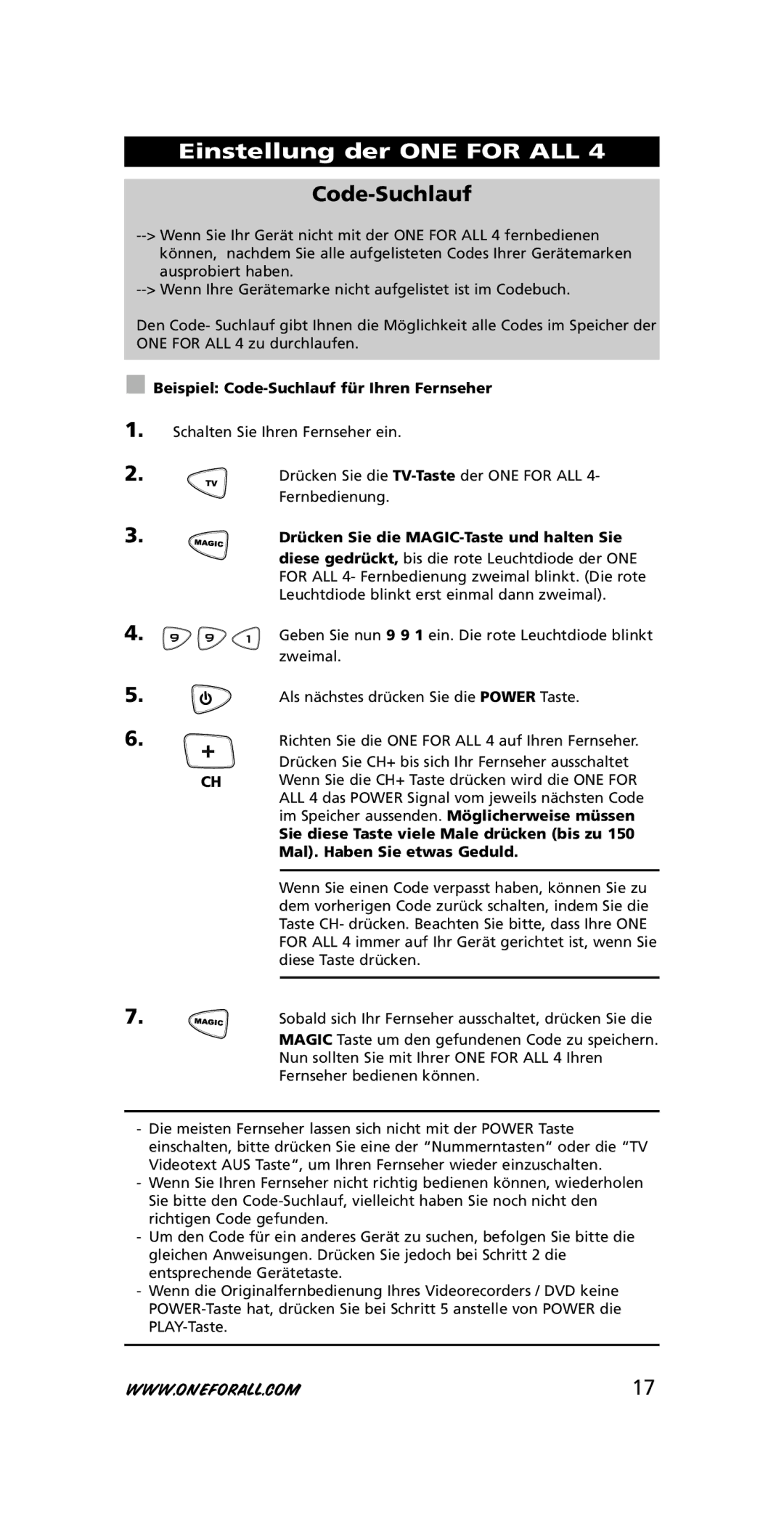 One for All URC-7740 instruction manual Code-Suchlauf 