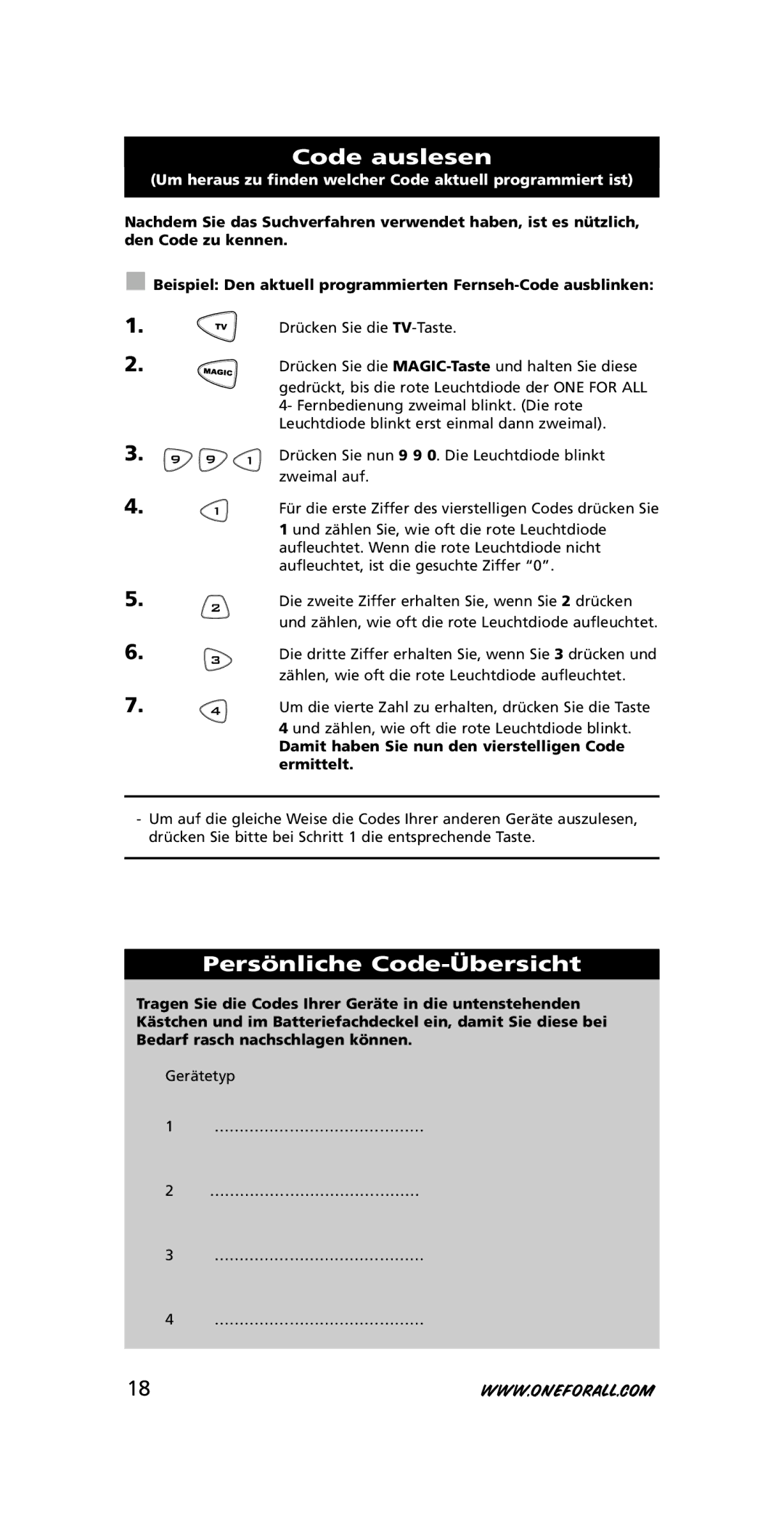 One for All URC-7740 Code auslesen, Persönliche Code-Übersicht, Damit haben Sie nun den vierstelligen Code ermittelt 