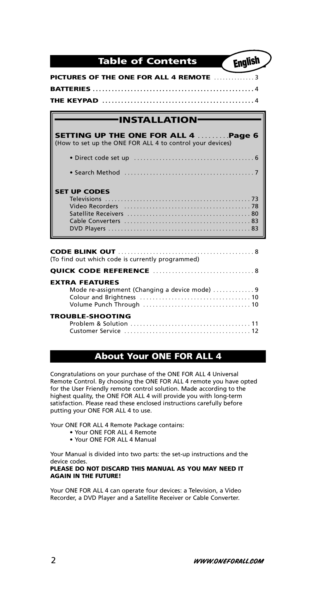 One for All URC-7740 Table of Contents, About Your ONE for ALL, SET UP Codes, Extra Features, Troubl E-SHOOTIN G 