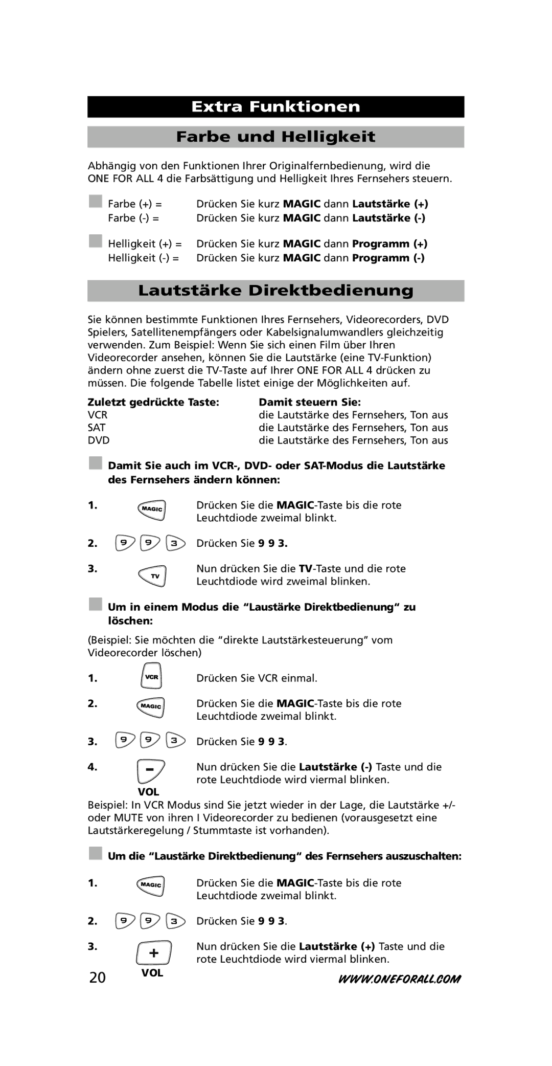 One for All URC-7740 instruction manual Farbe und Helligkeit, Lautstärke Direktbedienung 