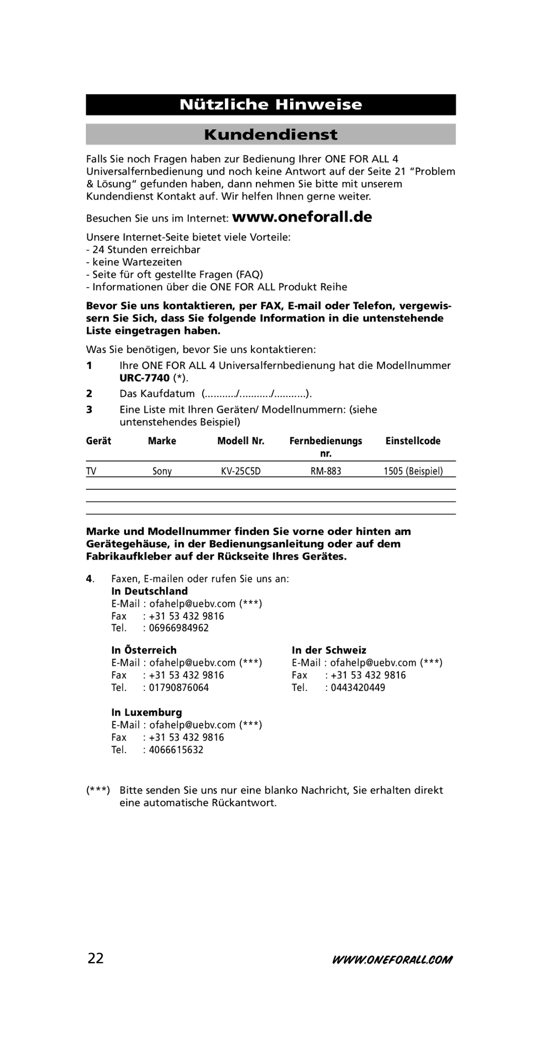 One for All URC-7740 instruction manual Kundendienst, Gerät, Deutschland, Õsterreich Der Sc hweiz, Luxemburg 