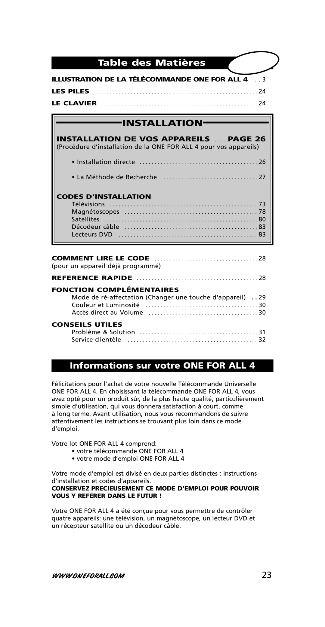 One for All URC-7740 instruction manual Table des Matières, Informations sur votre ONE for ALL 