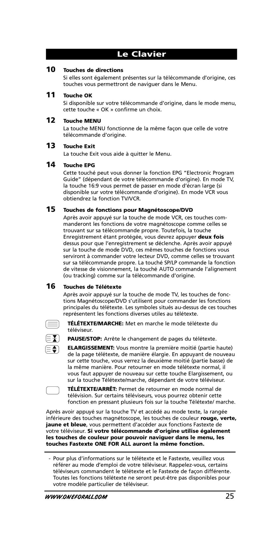 One for All URC-7740 Touches de directions, Touche OK, Touche Menu, Touche Exit, Touche EPG, Touches de Télétexte 