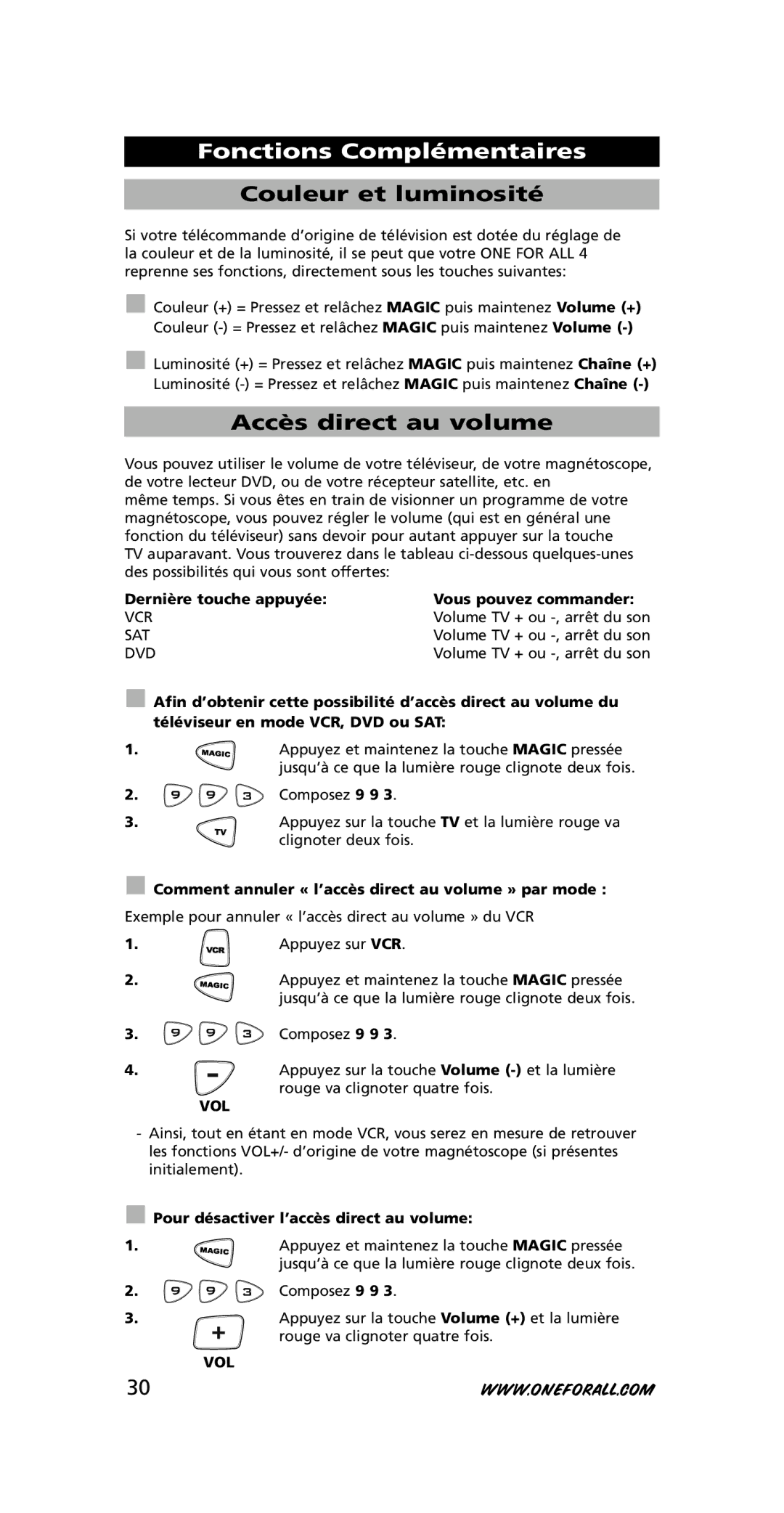 One for All URC-7740 instruction manual Couleur et luminosité, Accès direct au volume 