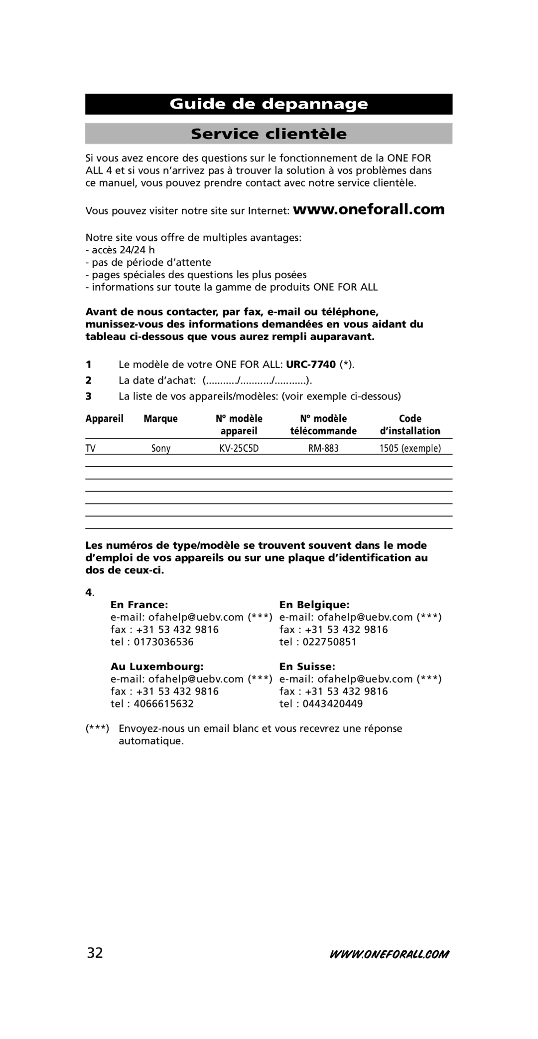 One for All URC-7740 instruction manual Service clientèle, Appareil, Au Luxembourg En Sui sse 