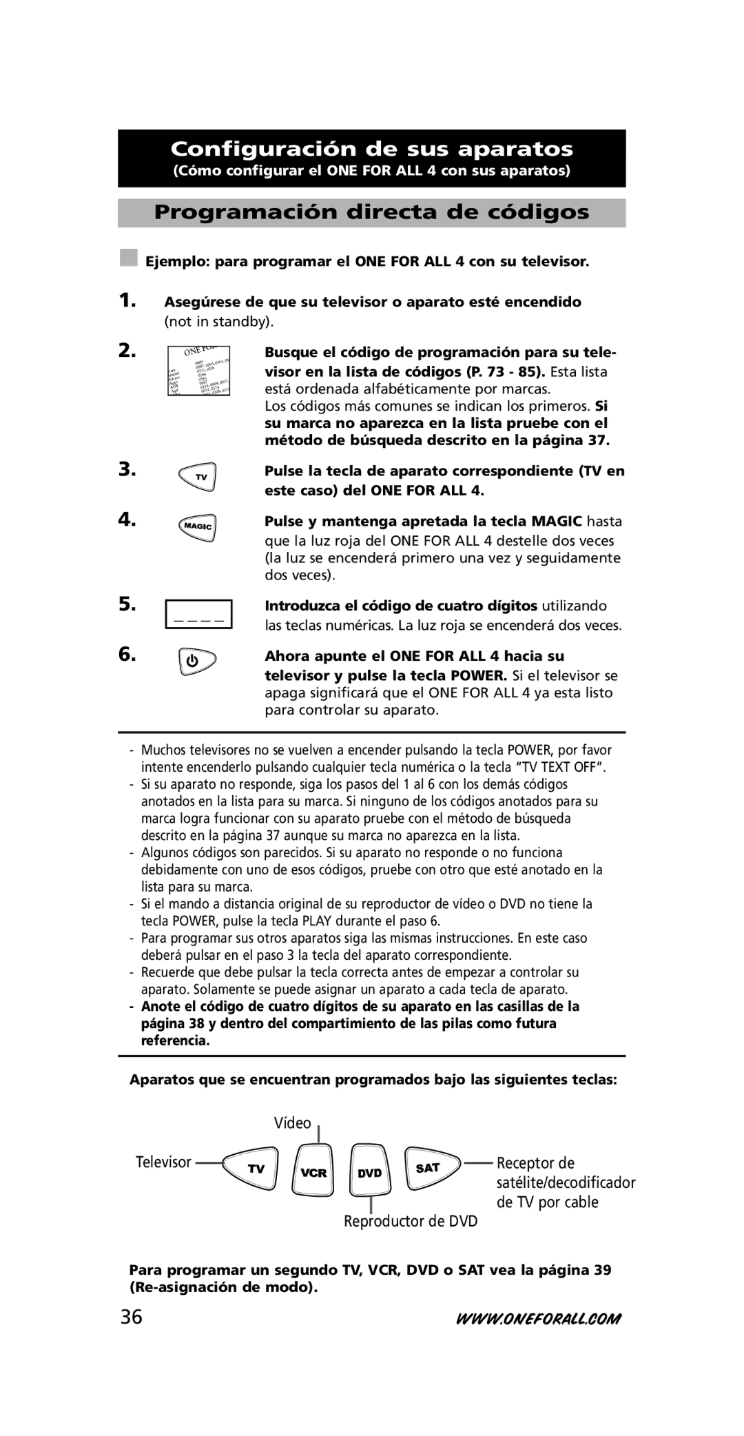 One for All URC-7740 instruction manual Configuración de sus aparatos, Programación directa de códigos 